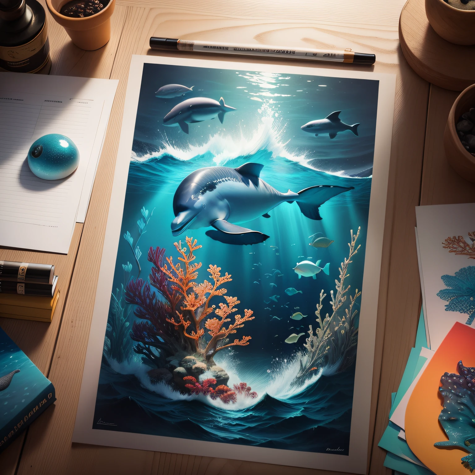 "Design art print inspired by the ocean and its marine creatures. Include whales, dolphins, corals, and colorful fish to create a stunning underwater scene."