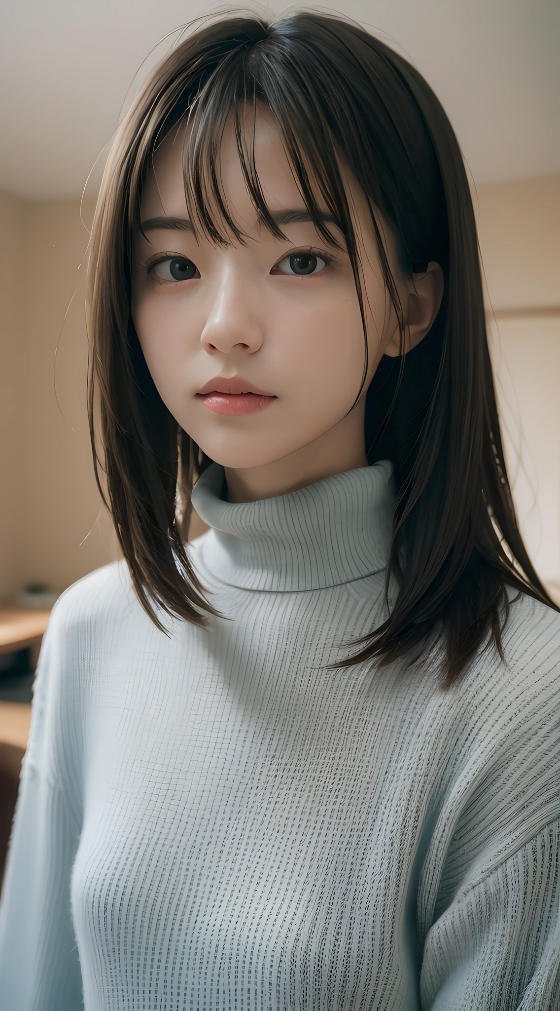 (masterpiece, best quality:1.4), girl, solo, beautiful face, 8k, absurdres, violaceaess, gardeniass, upper body, turtleneck sweater, looking at viewer, no makeup, film grain, chromatic aberration, sharp focus, facelight, sophisticated, (smile:0.5), room, indoor, simple background, bokeh background, [:detail face:10]