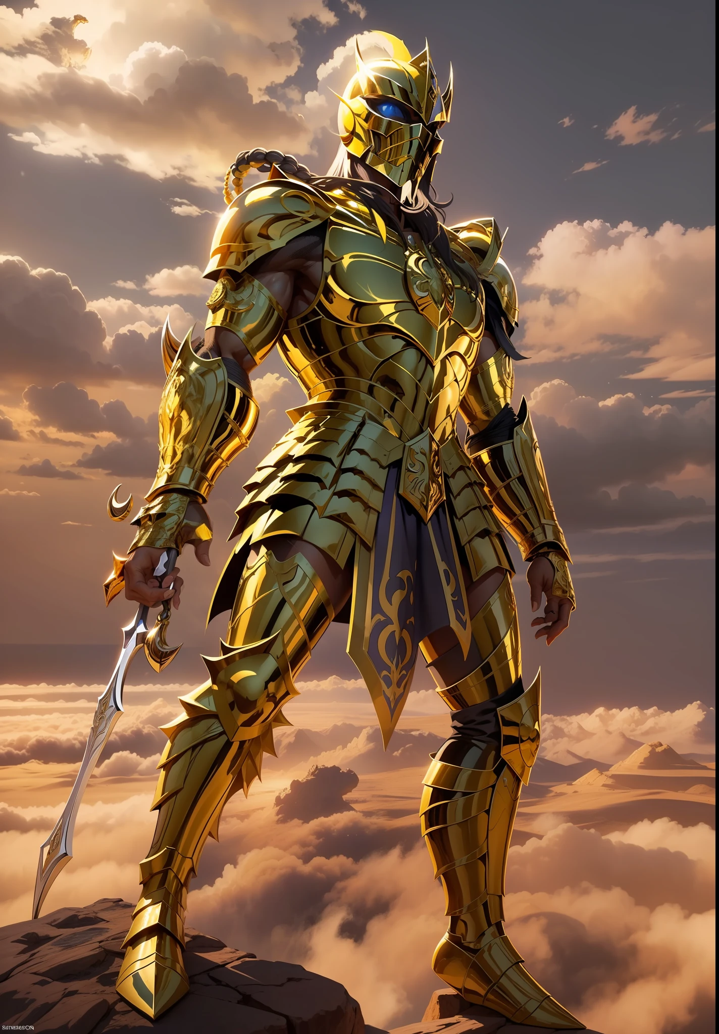 Knight character with golden armor de escorpião , knight of theKnight character with golden armor, knight of the zodiac Scorpion , in the background in imposing scorpion king auroboeal in the sky, 8k high definition, intricate details, breathtaking quality