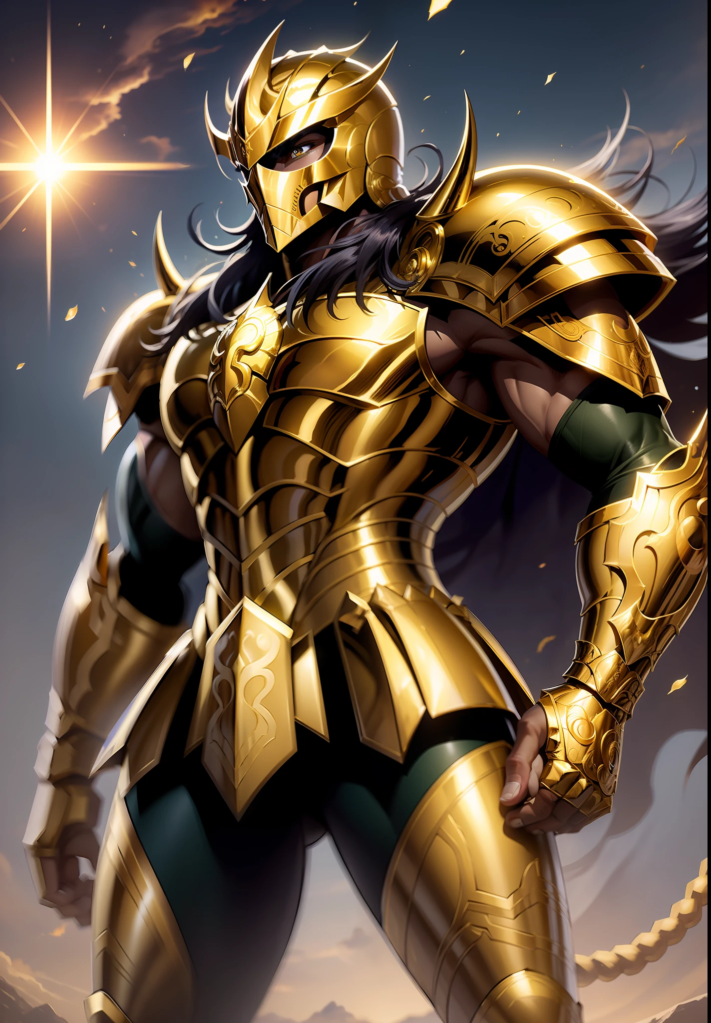 Knight character with golden armor de escorpião , knight of theKnight character with golden armor, knight of the zodiac Scorpion , in the background in imposing scorpion king auroboeal in the sky, 8k high definition, intricate details, breathtaking quality