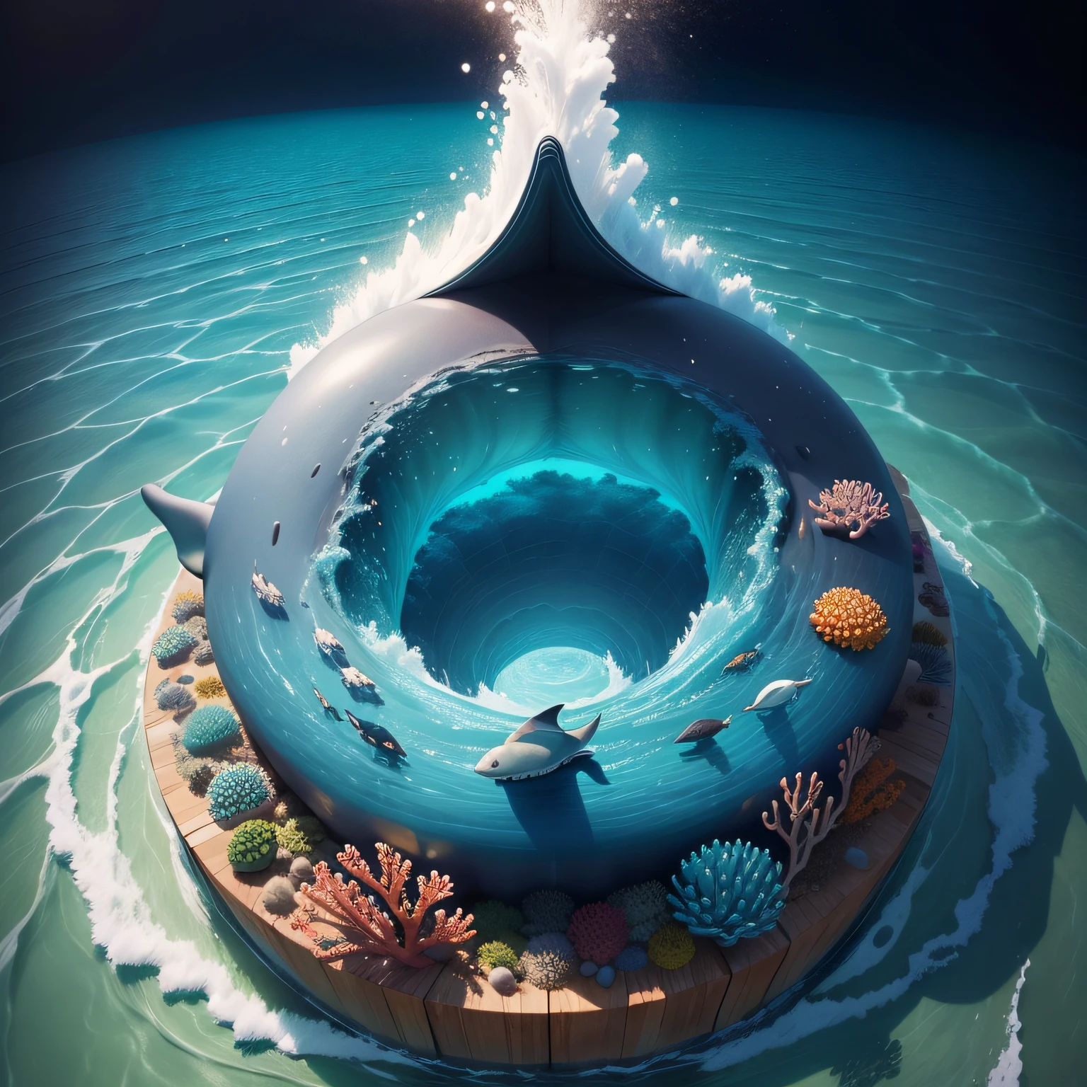 "Design art print inspired by the ocean and its marine creatures. Include whales, dolphins, corals, and colorful fish to create a stunning underwater scene."