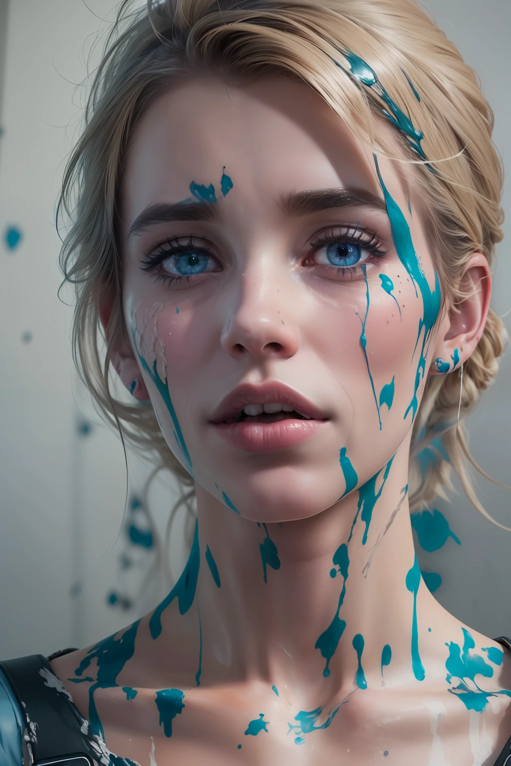 (((Emma Roberts))), ((Emma Roberts streicht ein Zimmer in dunkel-blau)), ((tall slender woman), ((she has round breasts)), ((she wears an overall)), ((ihre linke Brustwarze ist sichtbar weil der Overall zerrissen ist)), ((she is splattered with paint all over)), (kleiner Kopf), ((detailliertes Gesicht)), (fotorealistisch), (Raytracing), (scharfer Fokus), ((natural realistic skin texture))