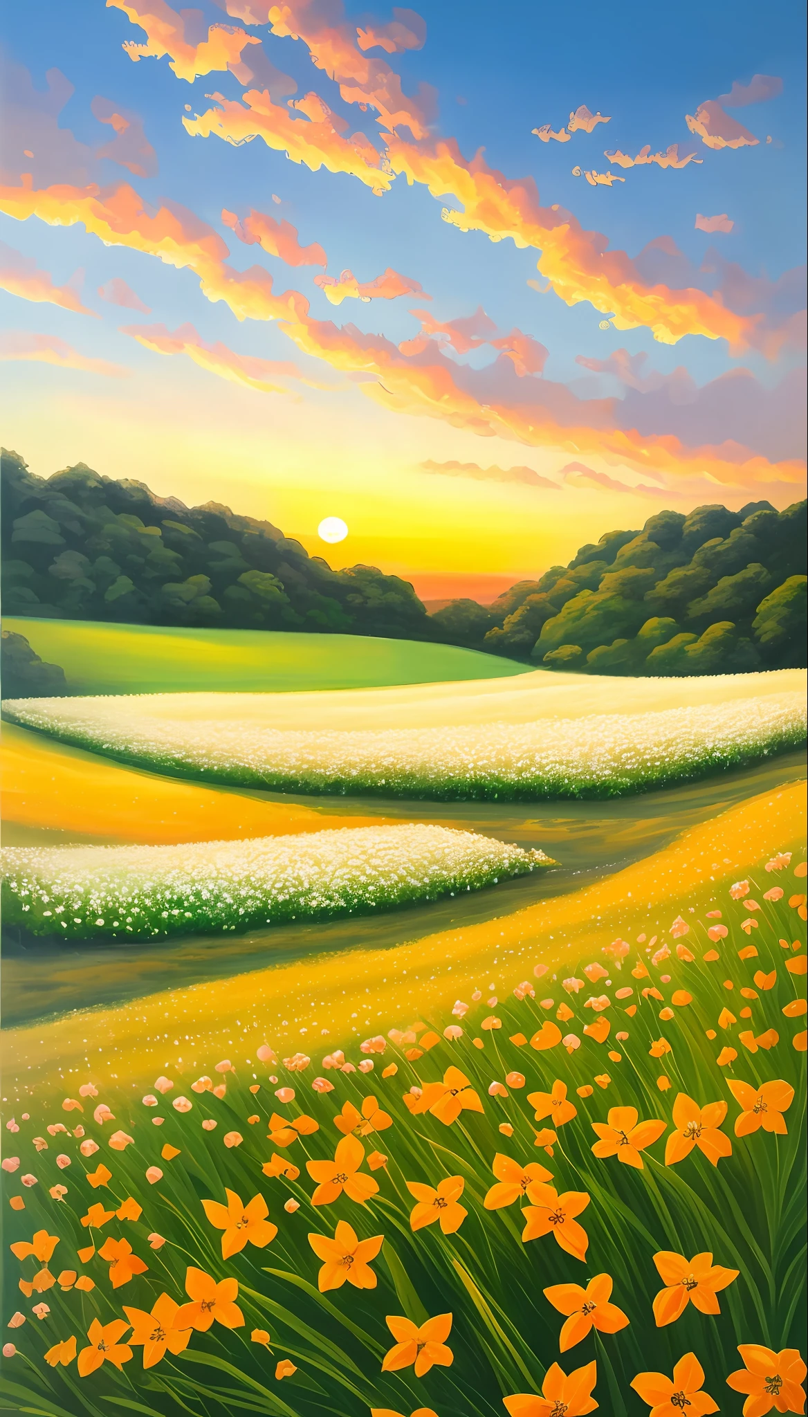 painting of a field of flowers with a sunset in the background, surreal waiizi flowers, Dreamy landscape, ethereal landscape, dream landscape, Beautiful Dreamy Landscape, in white clouds fairyland, lie on white clouds fairyland, heavenly landscape, Bright landscape, mythical floral hills, Fantastic landscape, field of fantasy flowers, in a surreal dream landscape, in the white clouds fairyland