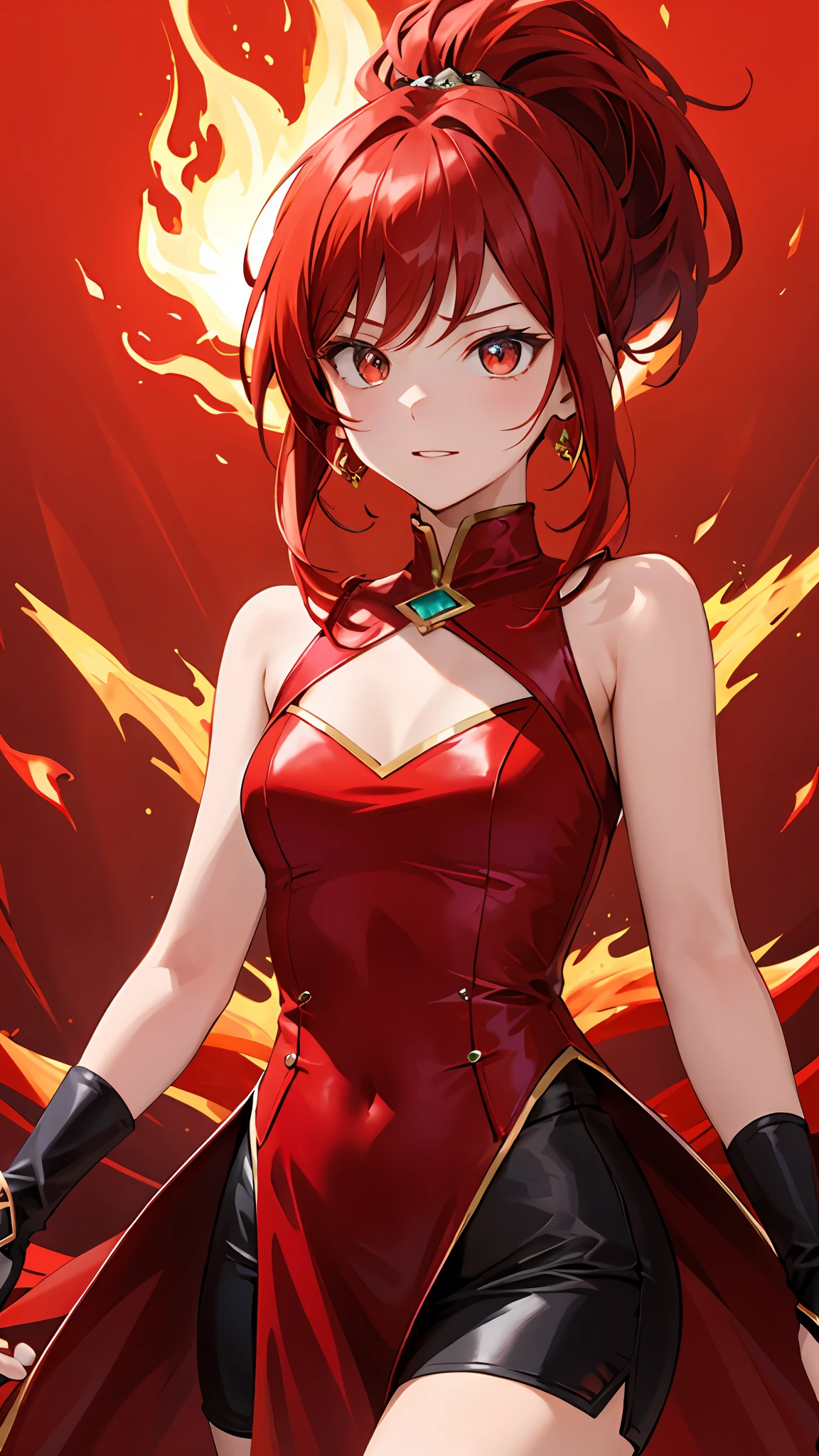 (tmasterpiece,best qualtiy:1.2),(looking at viewert),Nice face,Red theme,cowboy lens,rays of sunshine,Red hair,red color eyes,Red jewelry,nedium breasts,flaming background,Red spear,Double ponytail hairstyle
