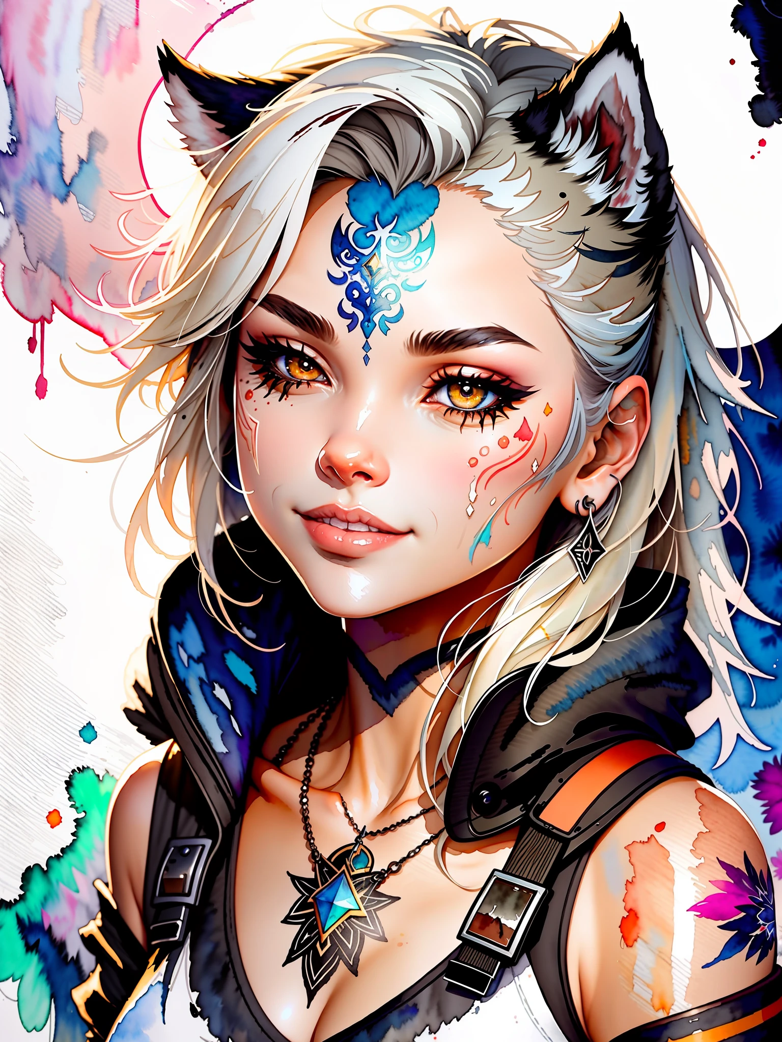 wtrcolor style, digital art of (siberian husky character), official art, front, smile, masterpiece, beautiful, ((watercolor)), face paint, paint splatter, intricate details. Very detailed, detailed eyes, [dripping:0.5], trending on Artstation, Rachel Walker