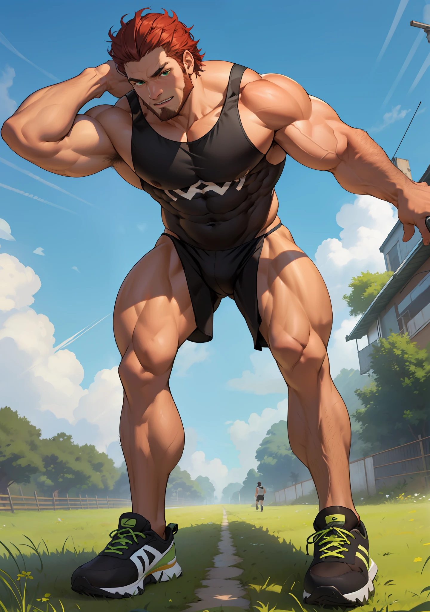 Iskandar,Solo, 1人, Heads-up view，Large muscles，Polysomal hair， athletic sneakers, Muscular, large pecs,Photos of everyday life， Blander perspective，green ?????，Blue sky background，black tanktop，walking on grass，The ?????? is raised，looking to the camera，shyexpression，detailed detail，Strong body hair，Huge ????????，