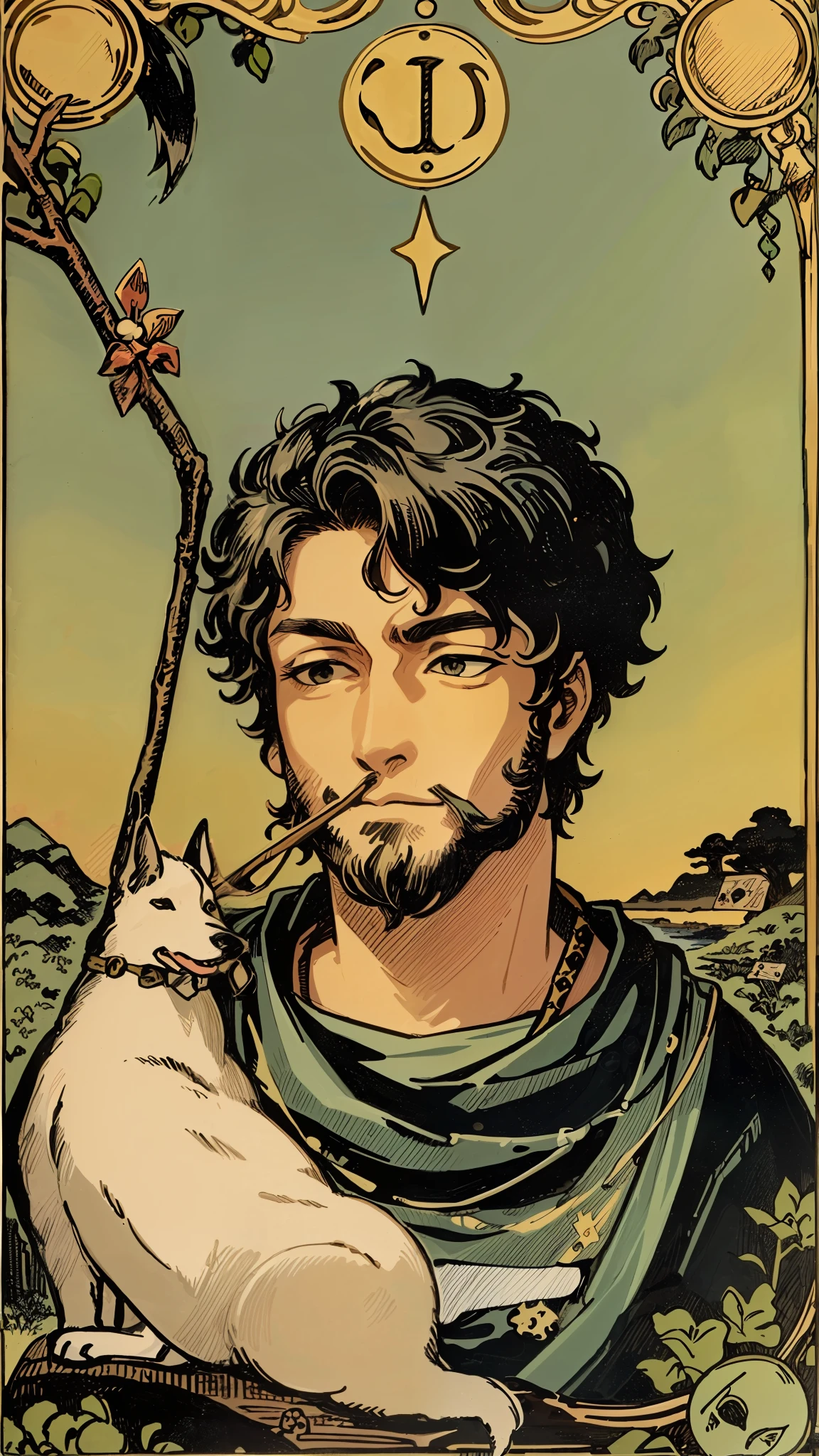 tarot card, the fool, man, bindle, stick and bag, cliff, dog