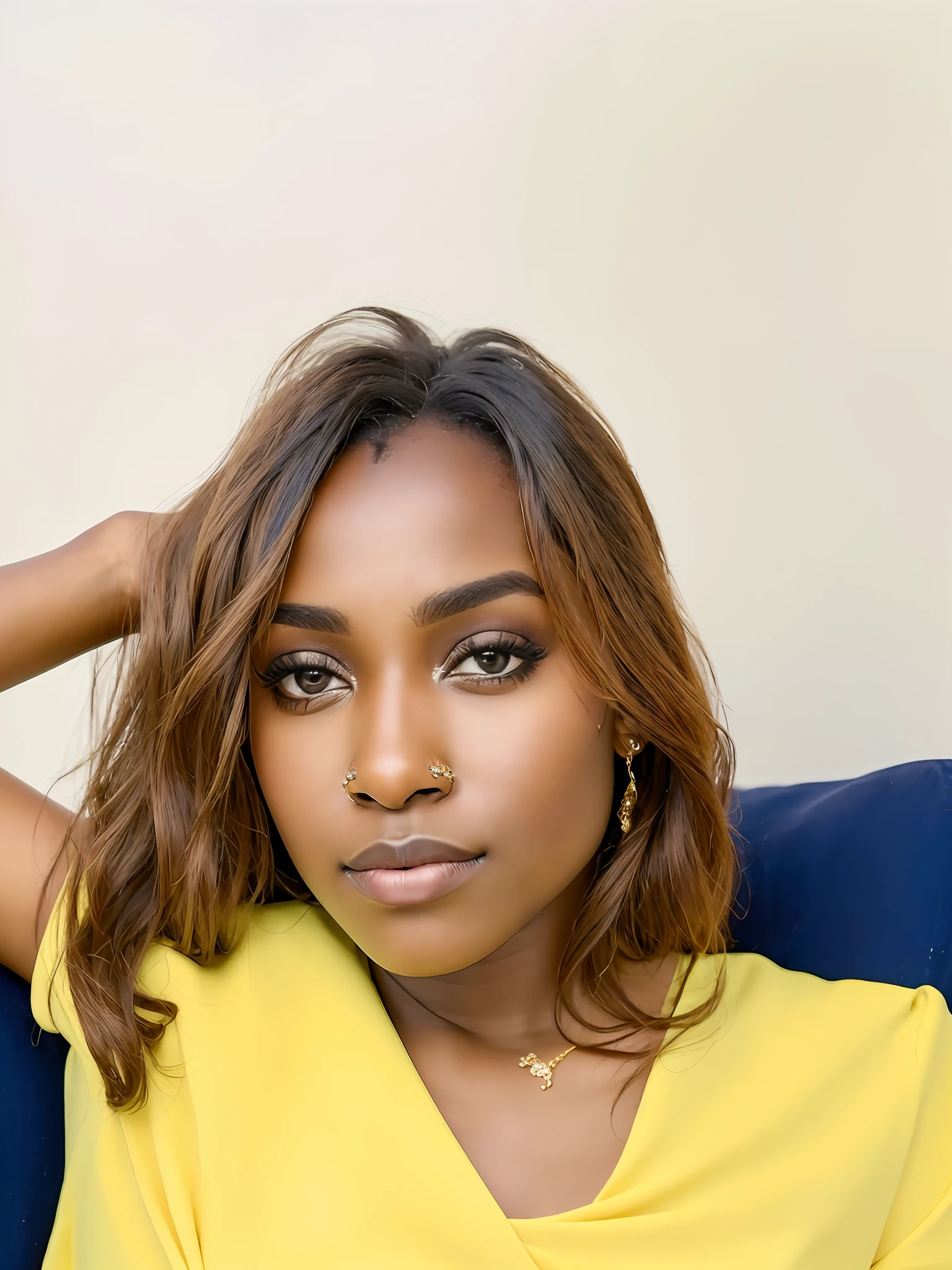 (8k, RAW photo, highest quality), beautiful (black skin woman)++, close up, dress, (detailed eyes:0.8), (looking at the camera:1.4), (highest quality), (best shadow), , intricate details, interior, dark studio, muted colors,
