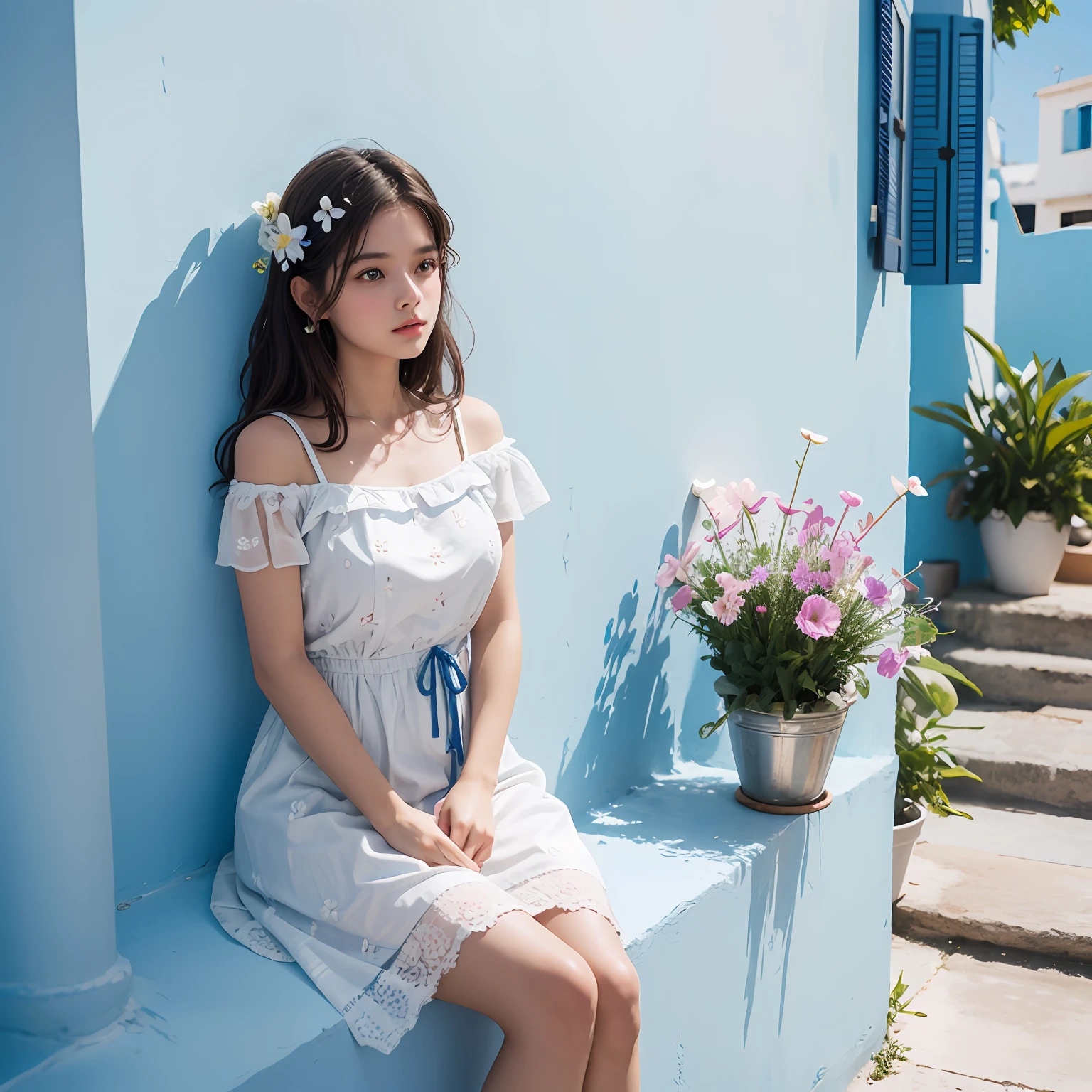 cute girl in cute summer dress with flower pattern, greece house, with white walls and blue pattern, intricate, detailed, cinematic, cinematic lighting, wide shot, film grain, trending on 500px.com and flickr, 4k