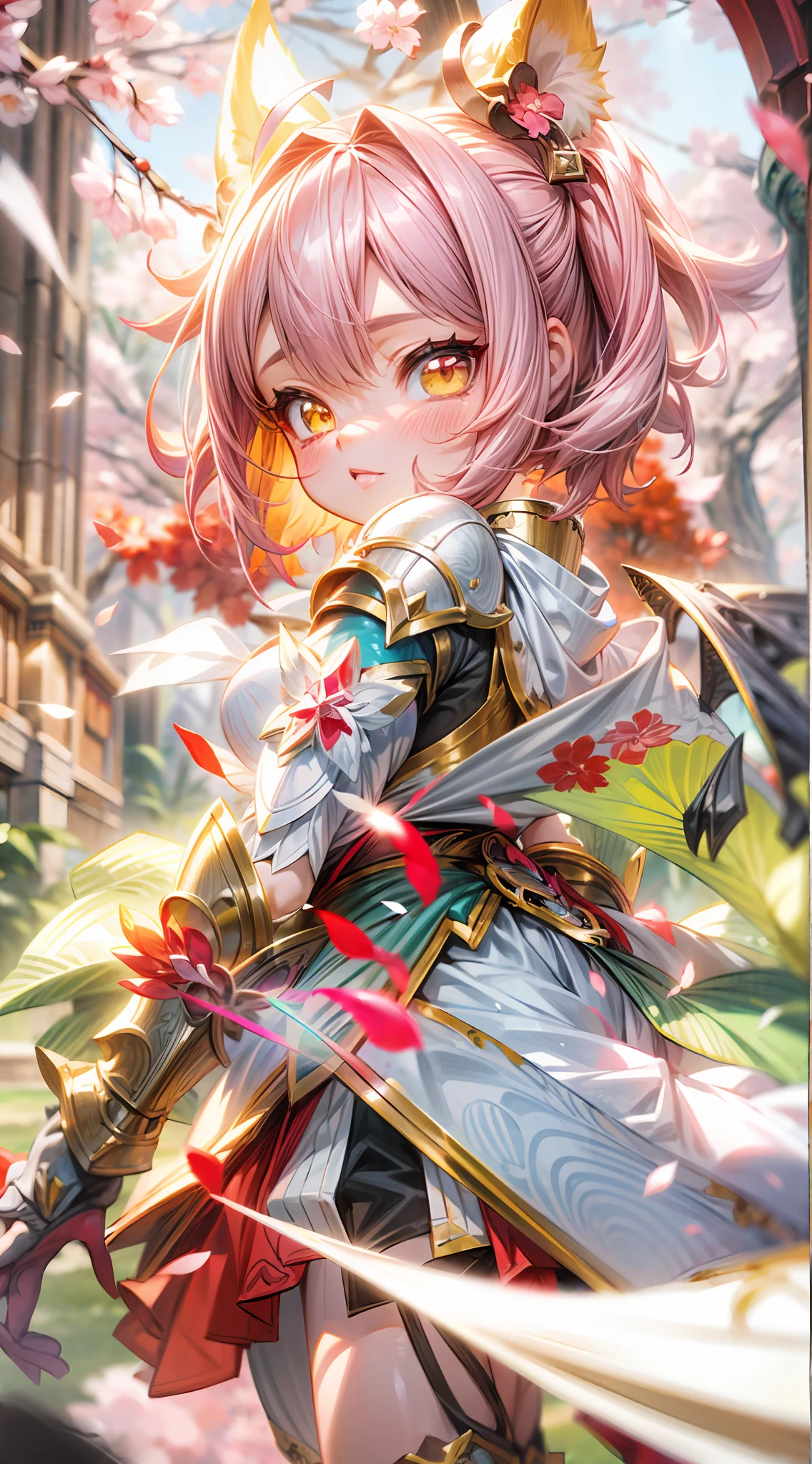 masterpiece, fantasy, best quality, anime style, wide-angle, full-body shot, front view, Tera Elin, an anime girl in a red dress and red boots, Sakura Kinomoto, Sakura petals around her, kitsune-inspired armor, crimson-themed, white, and red armor, spellcasting pose, fantasy outfit, yellow/golden short hair color, white tights, green glowing eyes, Sakura season, dynamic lighting, highly detailed anime, Anime Style, Manga Style, Hand drawn, cinematic, sensual, Sharp focus, humorous illustration, concept art, Vivid colors, Intricate, Vibrant colors, Soft Shading, Sharp Angles, Playful