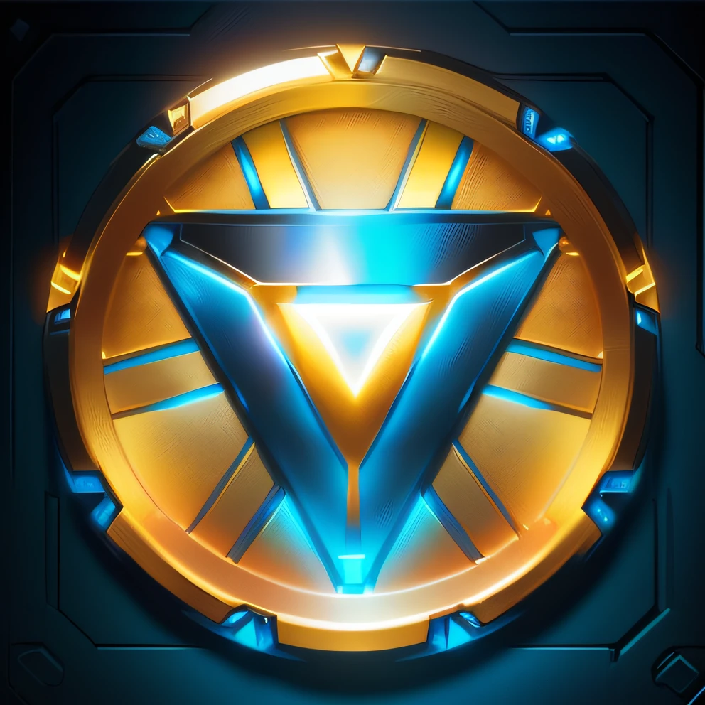 A blue Iron Man symbol with a silver and yellow frame, tony Stark, design do escudo, forte, Ironman, homem de ferro superior branco, emblema do escudo, imagem do avatar, Homem de Ferro Superior, ferro, como o Ironman, 3D Icon for mobile game, Homem de Ferro, game icon asset, metal shielding, diamond plated superhero, Arte conceitual de Tony Stark, heroic!!!, fan art