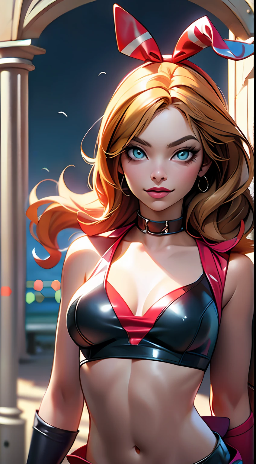 margot robbie as a gorgeous Harley Quinn standing on sand, wind in the hair, (8k:1.2)