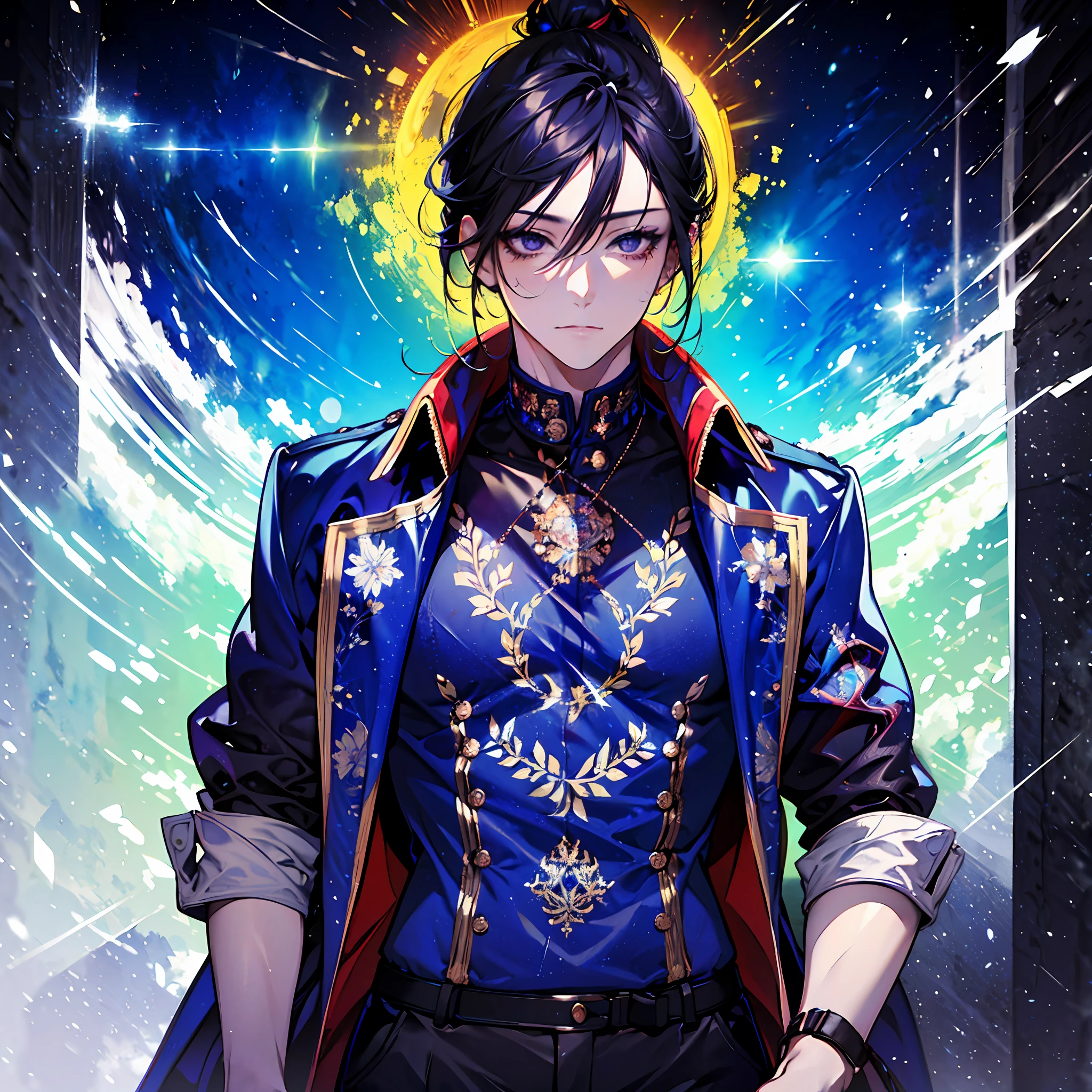 (absurdres, highres, ultra detailed),(Masterpiece, best quality:1.2),Anime boy, relaxed,slim, wearing a blue and red jacket,man bun hairstyle, extremely detailed eyes, purple and gold eyes, extremely handsome,tall,