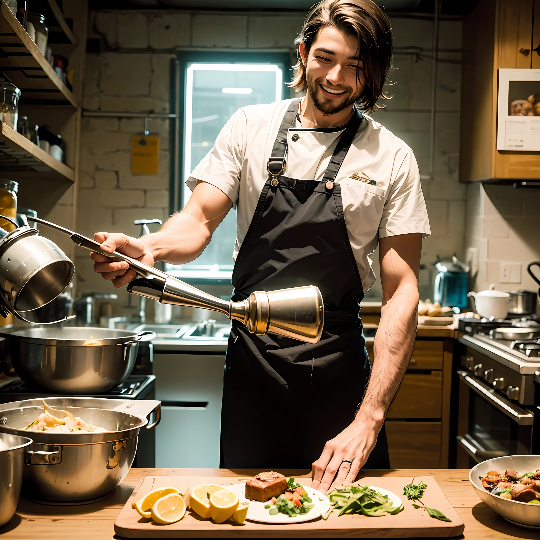 Homem alto magro cabelo liso sorriso aberto chefe de cozinha --auto