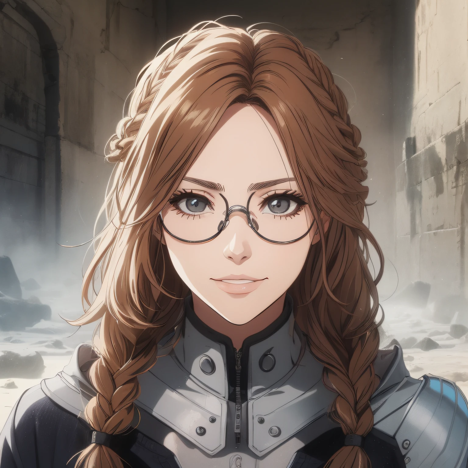 a beautiful young woman braid with brown hairstyle fringe, Enigmatic eyes, olhos amarelos, wearing goggles, Enigmatic smile, boca fechada, usando roupas formais, gravata preta, cinematic lighthing, Epic composition, rosto detalhado, olhos detalhados, extremamente detalhado.