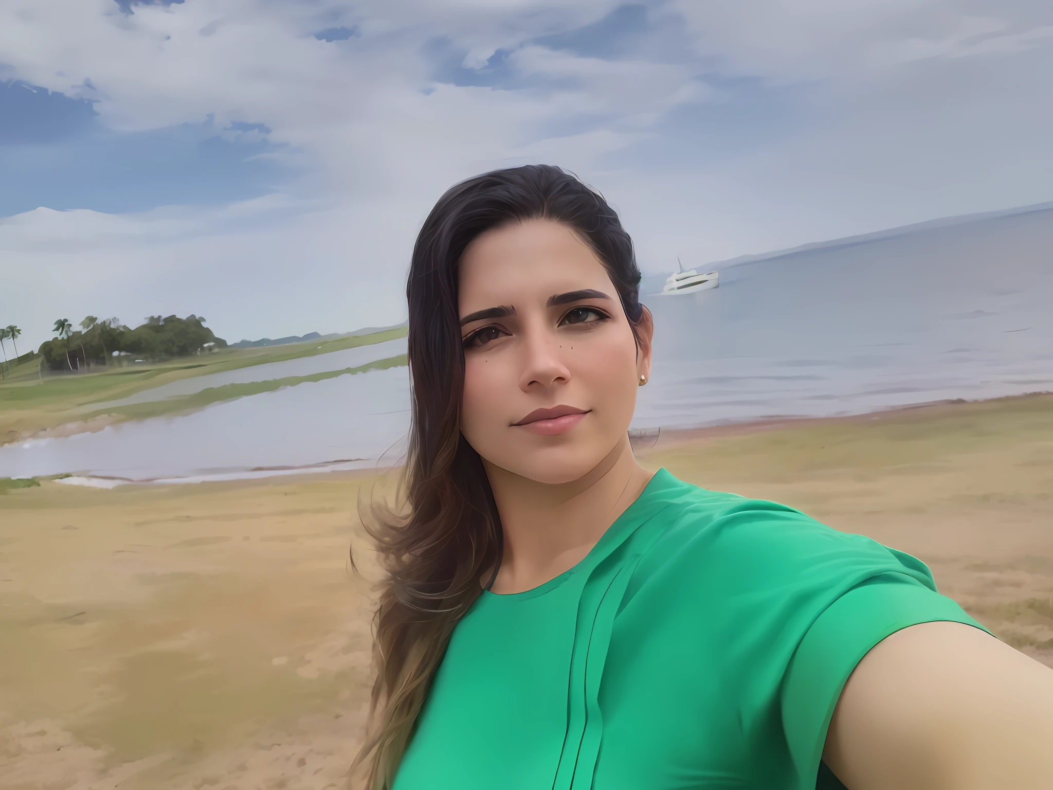 There's a woman taking a selfie with a boat in the background, Directed by: Nandor Soldier, 3 5 year brazilian mother, fernanda suarez, Lago ao fundo, cerca de 3 5 anos, andrea rocha, 3 2 anos, Fotografia tirada em 2 0 2 0, Parece Fabiula Nascimento, 3 6 anos