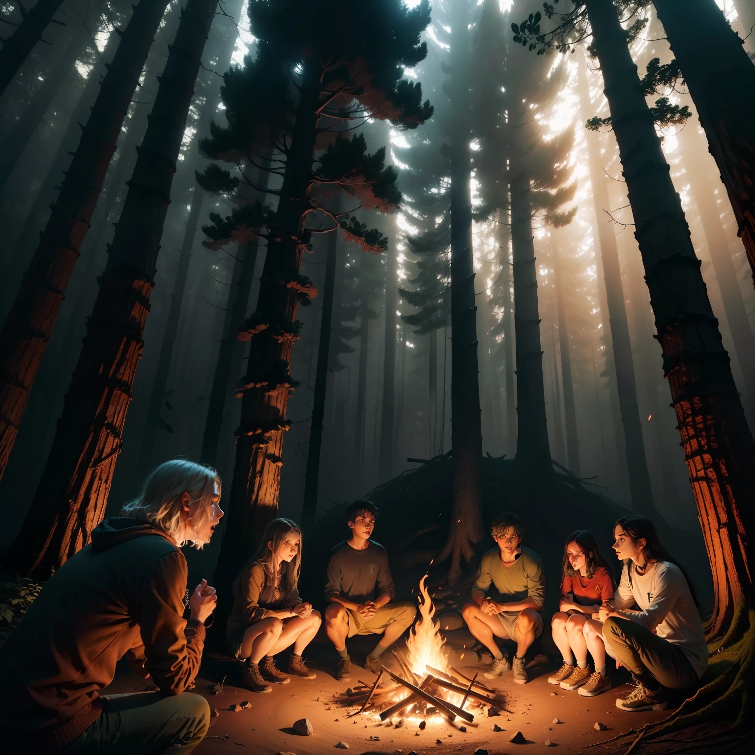 In the darkness of the deep woods, A group of teenagers are gathered in a circle, roasting mashmelows under the light of a single campfire in the center, unaware of the threats lurking in the forest, where the light of the bonfire does not reach into the depths. The light of the campfire enhances the epic photorealistic composition, criando uma atmosfera misteriosa. This art draws inspiration from Gnostic themes and evokes the images of horror movie camps.