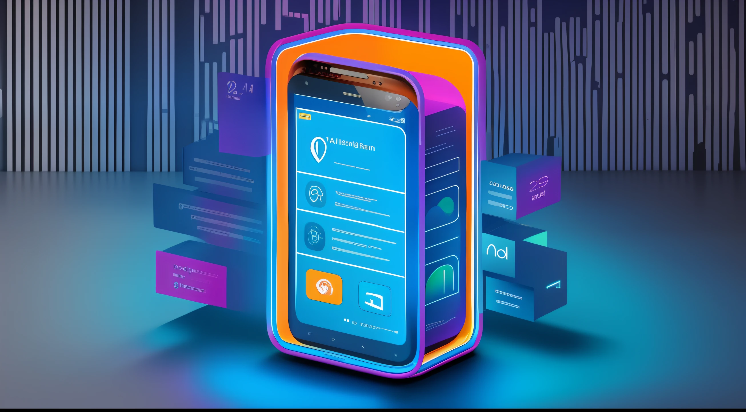 a bank branch inside a mobile phone. Bank branch. Image of modernization of banking services. Connection between physical and digital. Moderna, colorida, alegre, com cores vivas, good ilumination, symmetric, sem erros.