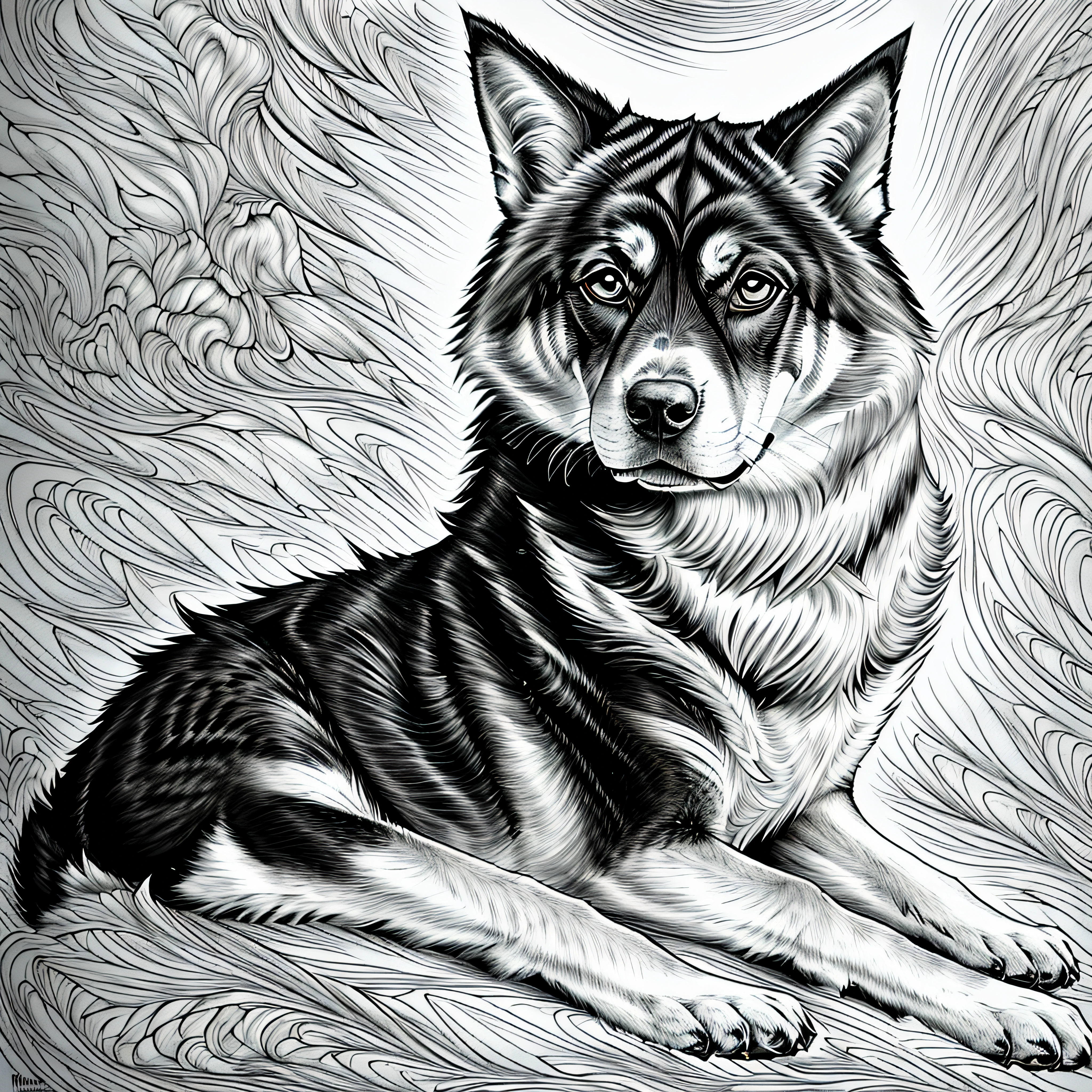 um desenho preto e branco de um cachorro, cachorro detalhado, anthropomorphic large maine coon, arte vetorial altamente detalhada, Highly detailed illustration, design do cachorro, highly detailed and hypnotic, pelo intrincado detalhado, high detailed illustration, Fluffy dog T - Design de camisa, arte vetorial em preto e branco, Highly detailed illustration." fullscreen, proportional to screen, --estilo "Inspirado em Johanna Basford", --artistic_Level "High", --livro "Livros Secretos", criar_..ai_Colorir_livro, --AR 16:9 --upbeta --s 750