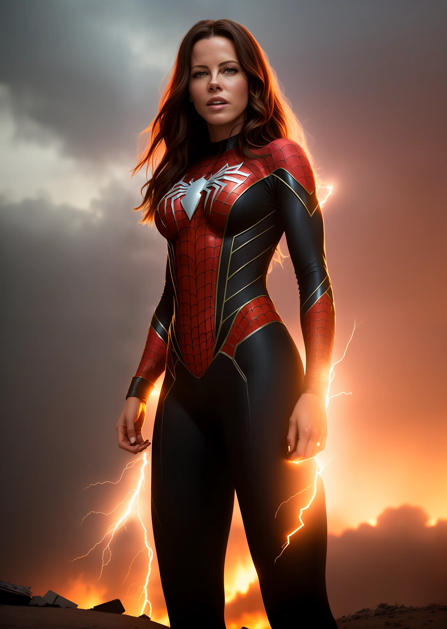 Kate Beckinsale in detailed brown Spider-Man costume, large breasts, superhero pose, standing in ruined city at sunset, hyperdetailed, smoke, sparks, sunbeams, (8k), realistic, symmetrical, award-winning, cinematic lightning, soaked, film, 75mm, scratches, full body shot, close-up, torn and dirty clothes, detailed face,