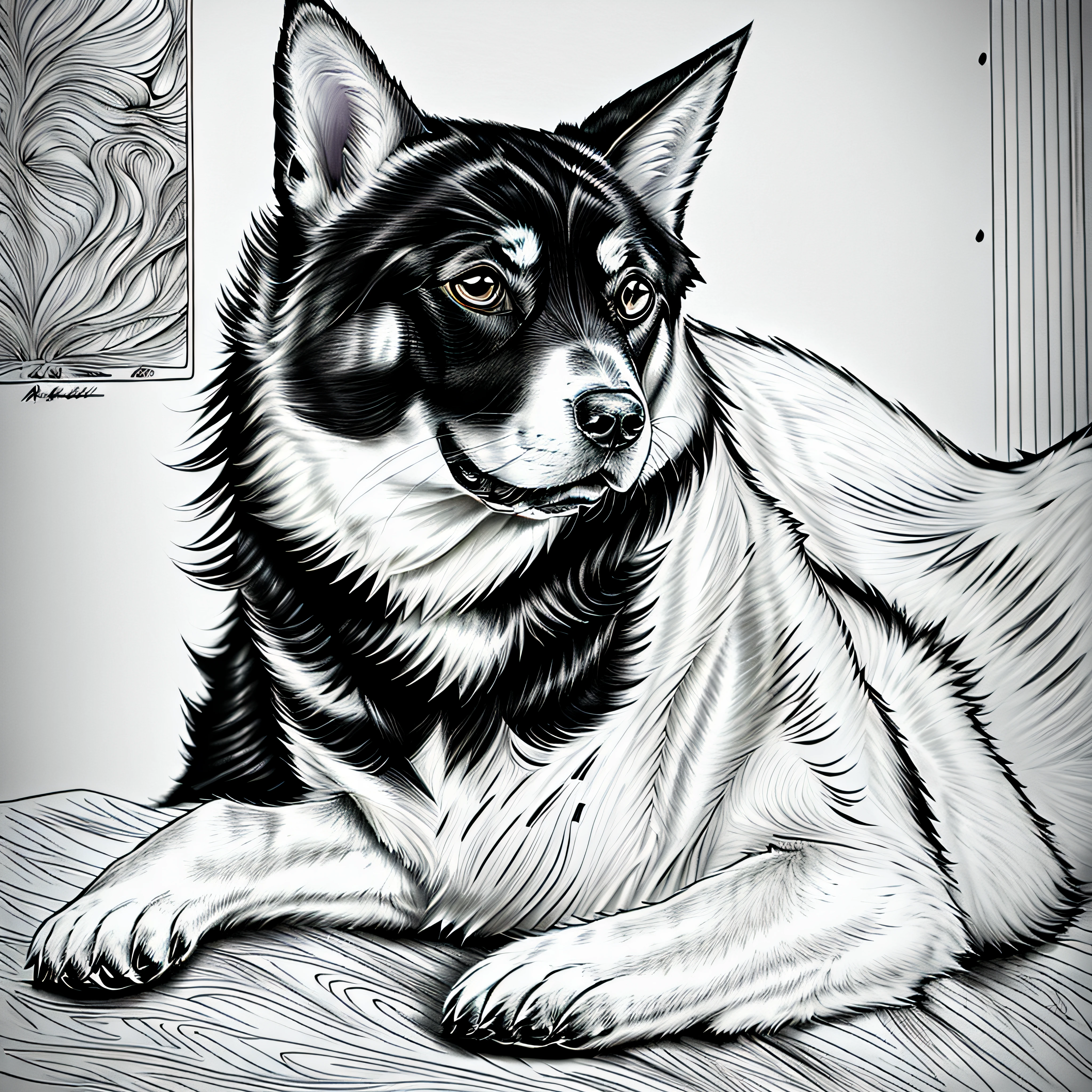 um desenho preto e branco de um cachorro, cachorro detalhado, anthropomorphic large maine coon, arte vetorial altamente detalhada, Highly detailed illustration, design do cachorro, highly detailed and hypnotic, pelo intrincado detalhado, high detailed illustration, Fluffy dog T - Design de camisa, arte vetorial em preto e branco, Highly detailed illustration." fullscreen, proportional to screen, --estilo "Inspirado em Johanna Basford", --artistic_Level "High", --livro "Livros Secretos", criar_..ai_Colorir_livro, --AR 16:9 --upbeta --s 750