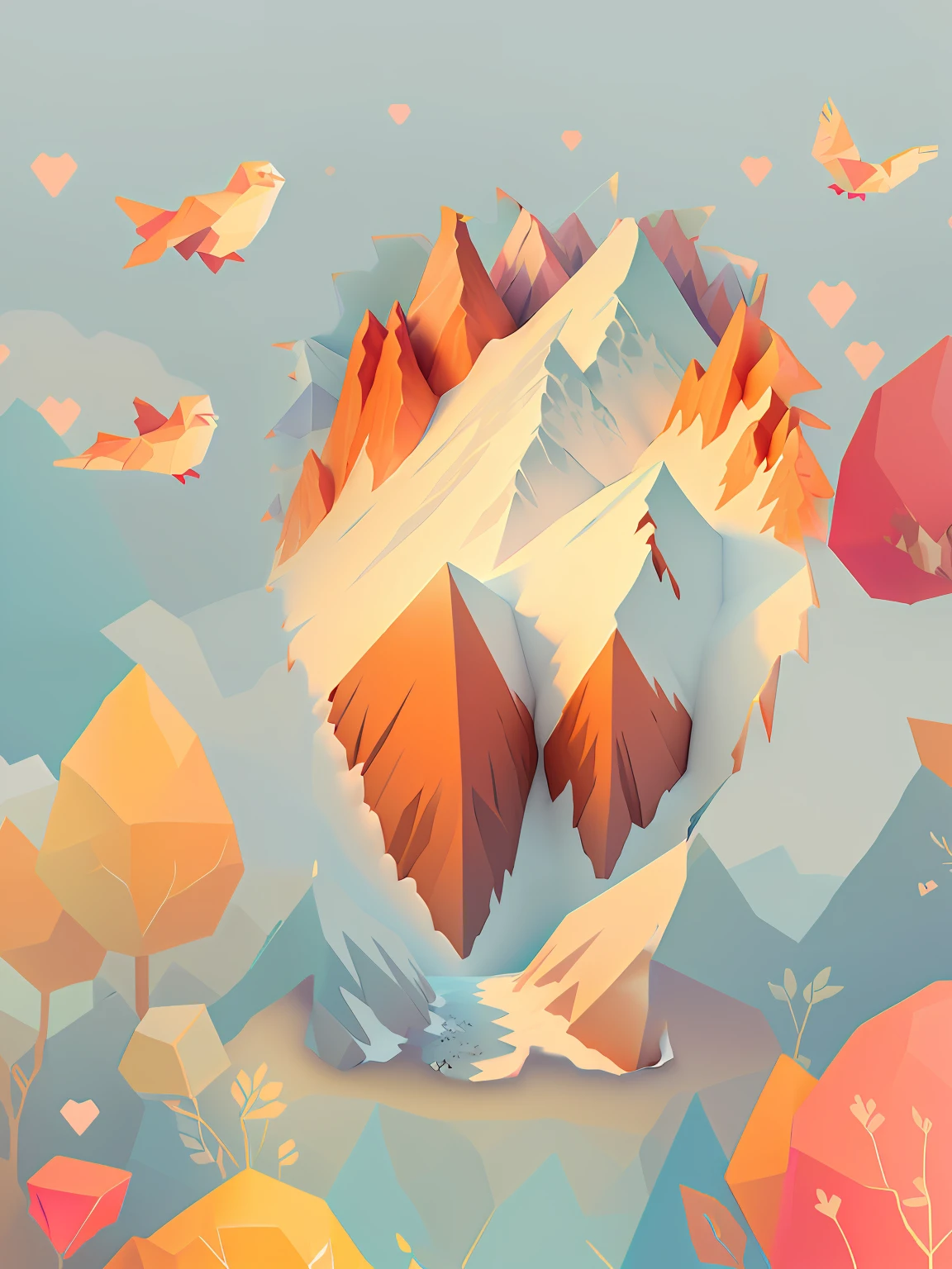There is a snowy mountain in the middle,High hills, low polygons illustration, low-poly digital art, super detailed color lowpoly art, low poly art, 2 d low polygon art, low polygon effect, low poly graphics, low poly vector illustration, low poly, low - poly, low polygon, Low poly style