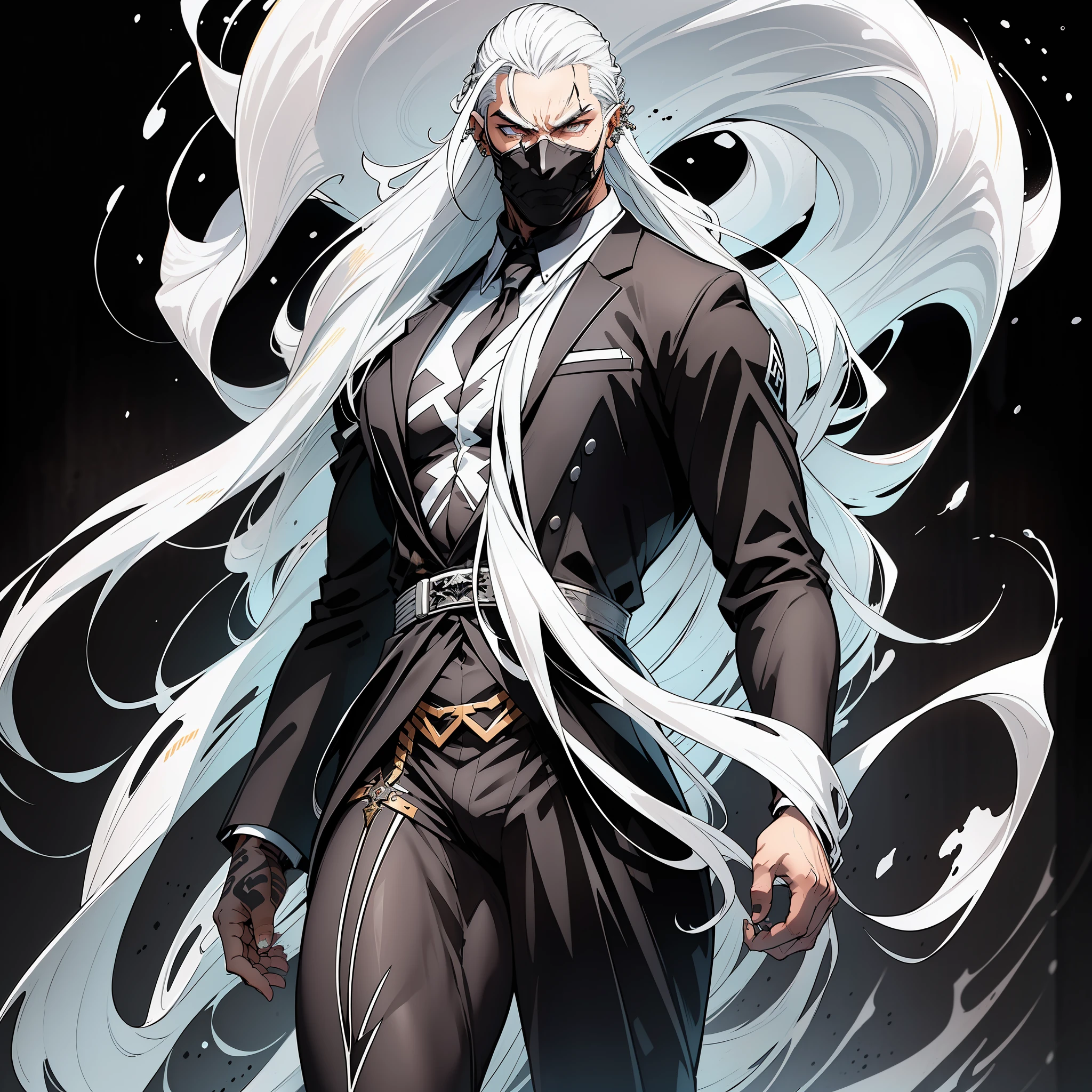 He has long, flowing white hair. His piercing white eyes shine with intensity. Clad in sleek black suit, he exudes an aura of enigma. Towering with an imposing stature and a chiseled physique, he commands attention and respect. He is a Grimreaper by trade.