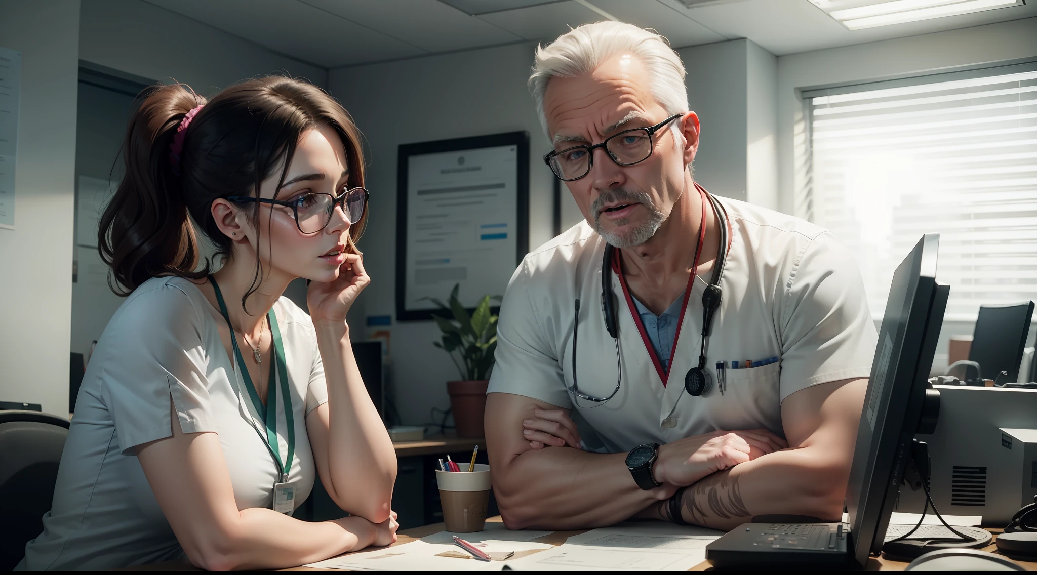 Dra. Emily Mitchell e Dr. David Richardson talking in an office