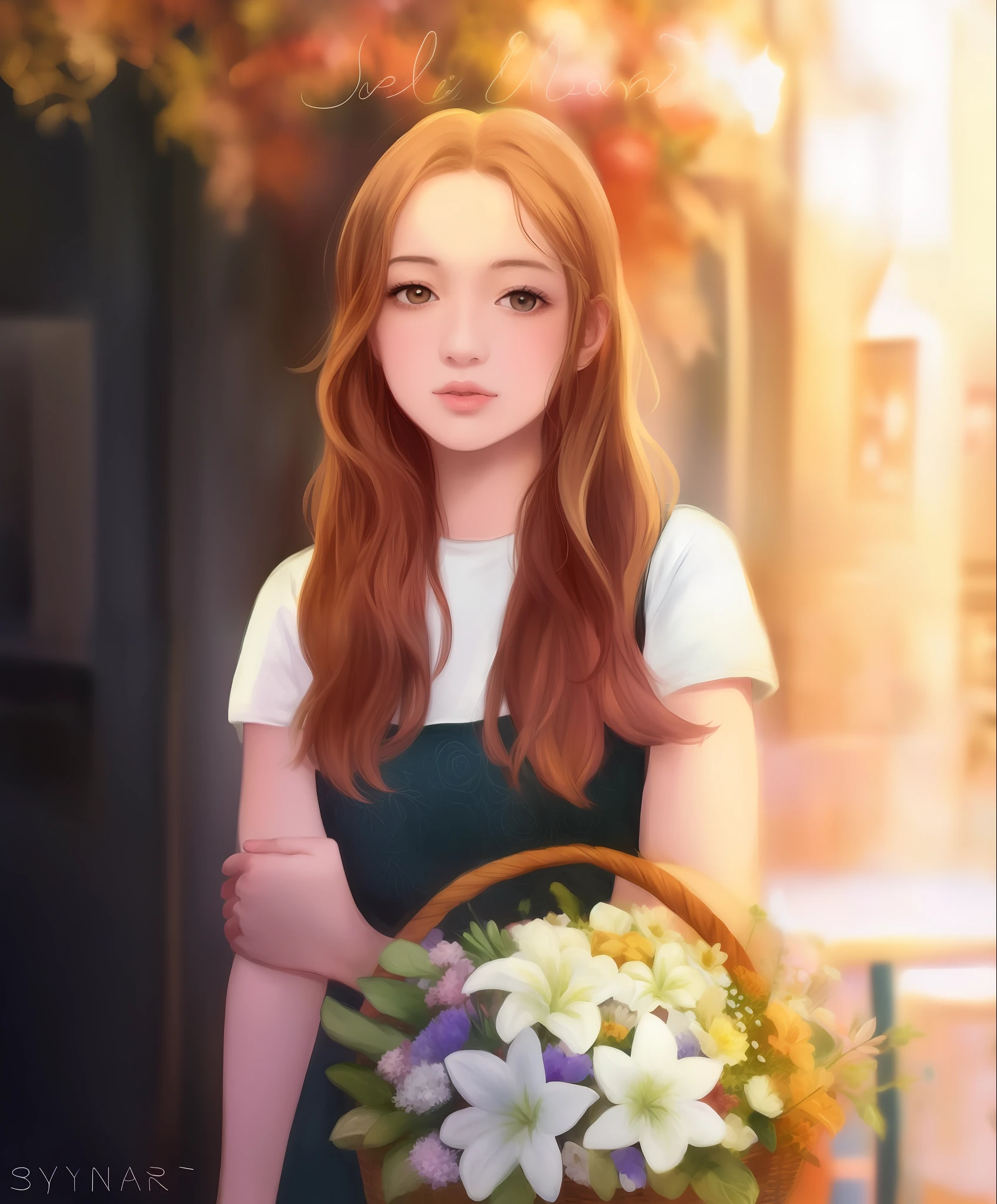 A cartoon girl with a basket of flowers in her hand, No estilo de arte de Bowater, estilo de arte realista, pintura realista da bonito, estilo de arte realista, 🤤 retrato da meninairado em Claire Hummel, kawaii retrato realista, realismo artstyle, fanart detalhado, inspirado em Maud Naftel, Beautiful digital illustration, arte digital detalhada bonito, com flores