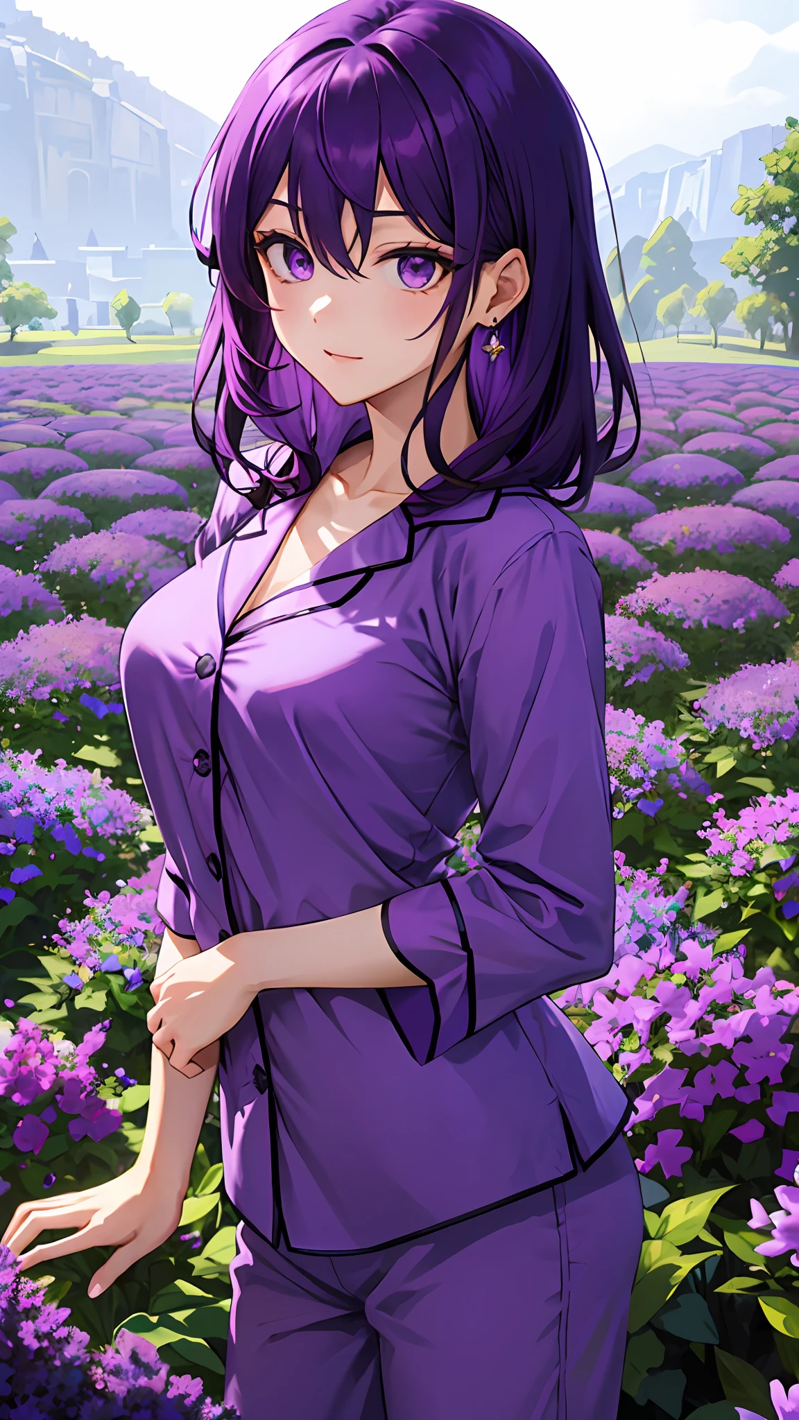 （tmasterpiece，best qualtiy：1.2），（looking at viewert），Nice face，purple color-theme，cowboy lens，rays of sunshine，Purple hair，a purple eye，Purple jewelry，nedium breasts，Violet Garden，Princess hairstyle，Purple pajamas