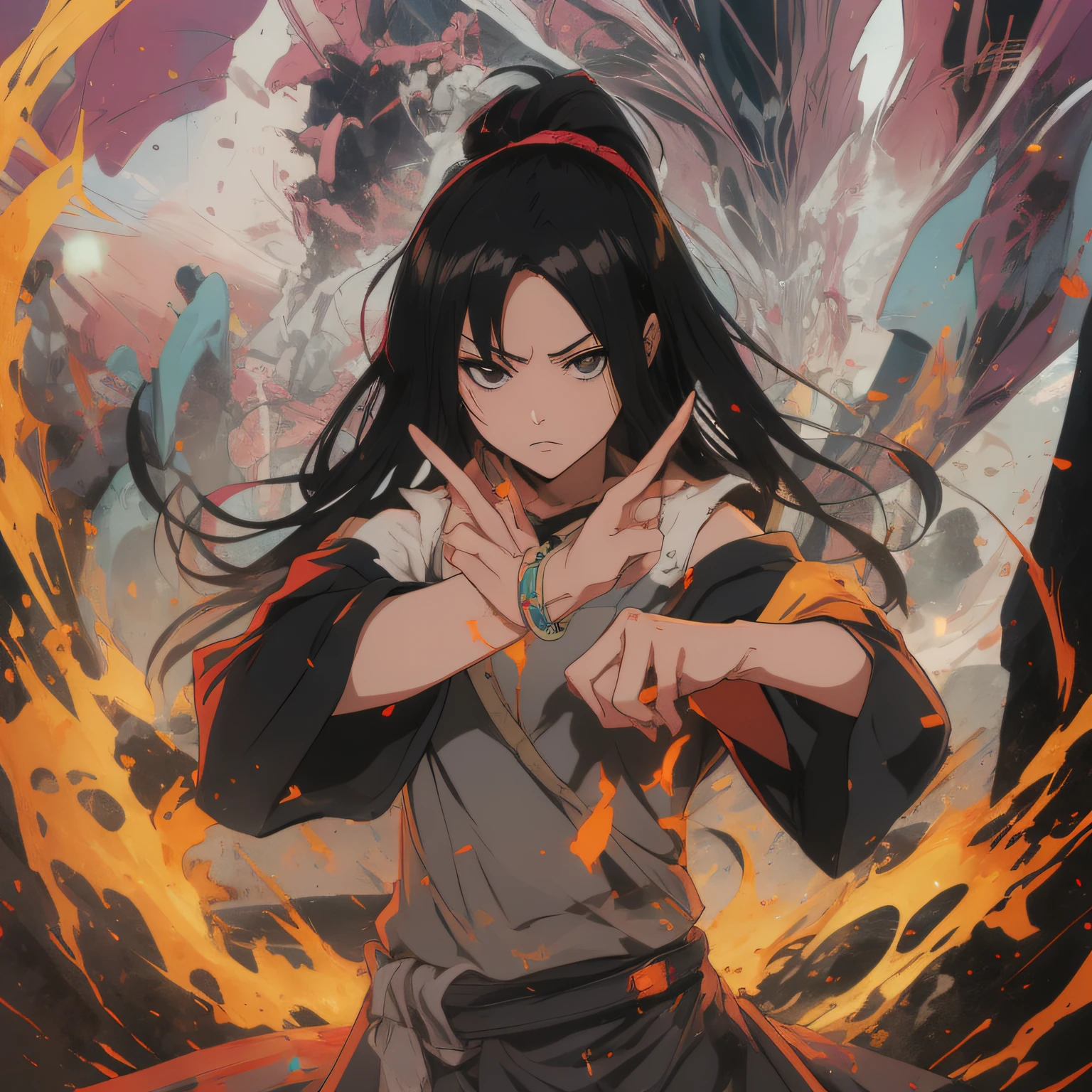 personagem de anime em uma roupa branca e preta com um cabelo preto, pele morena, estilo anime, Samurai Manga Style, animes style, black anime manga girl, Shonen, Epic anime style, cabelo preto rodopiante, Estilo Samurai, tempestade!, digital advanced anime art ", Akira Toriyama, japanese lightning goddess, striking manga artstyle, estilo anime"