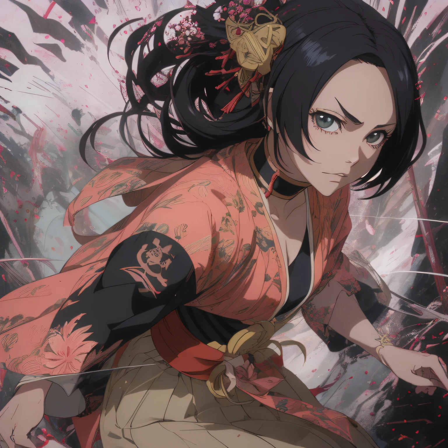 personagem de anime em uma roupa branca e preta com um cabelo preto, pele morena, estilo anime, Samurai Manga Style, animes style, black anime manga girl, Shonen, Epic anime style, cabelo preto rodopiante, Estilo Samurai, tempestade!, digital advanced anime art ", Akira Toriyama, japanese lightning goddess, striking manga artstyle, estilo anime"