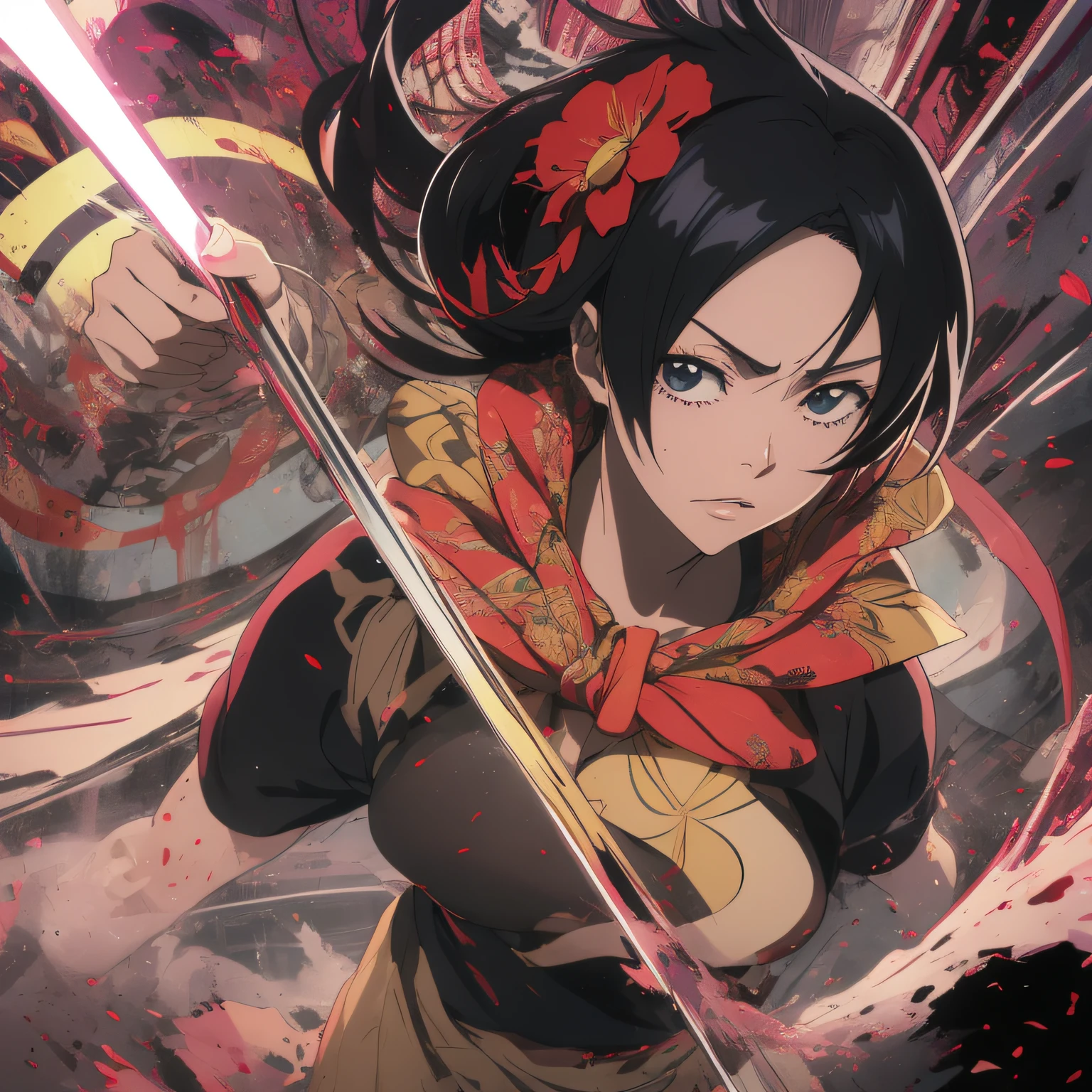 personagem de anime em uma roupa branca e preta com um cabelo preto, pele morena, estilo anime, Samurai Manga Style, animes style, black anime manga girl, Shonen, Epic anime style, cabelo preto rodopiante, Estilo Samurai, tempestade!, digital advanced anime art ", Akira Toriyama, japanese lightning goddess, striking manga artstyle, estilo anime"