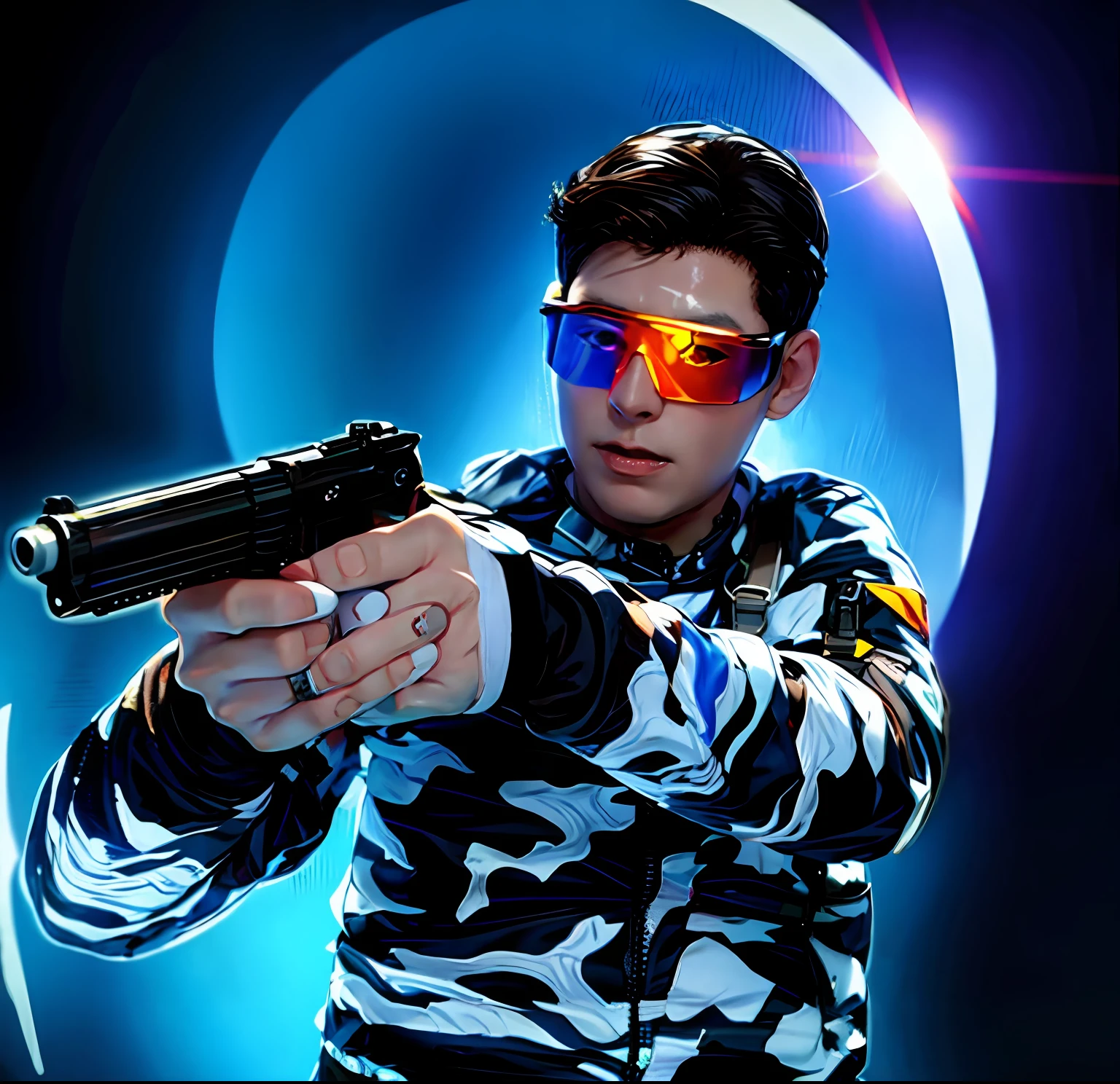 homem segurando uma arma, boca da arma laranja, fundo da imagem animado, wearing transparent goggles, anime, realista,