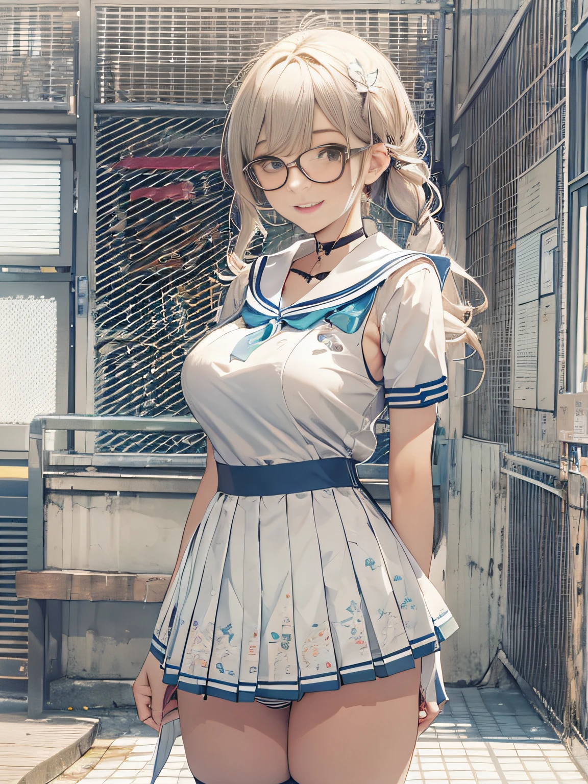 a 20 yo woman、Japan school uniform、(Sailor suit in cute shades)、(White sailor color)、Smiling with a sexual expression、Cute hairstyle、Colossal tits、Shoulder close-up view from the side、(Close-up view of collar from the side)、high-level image quality、beautiful Girl、sea side、a sailor suit、((white sailor collar))、Sleeveless、Plaid pleated skirt、Stockings、(huge-breasted)、Fluttering the chest、emphasizing breasts、Sleeveless、Smiling、pantie shot、Panchira、Cute patterned panties、Pants with cute patterns、Show the armpits