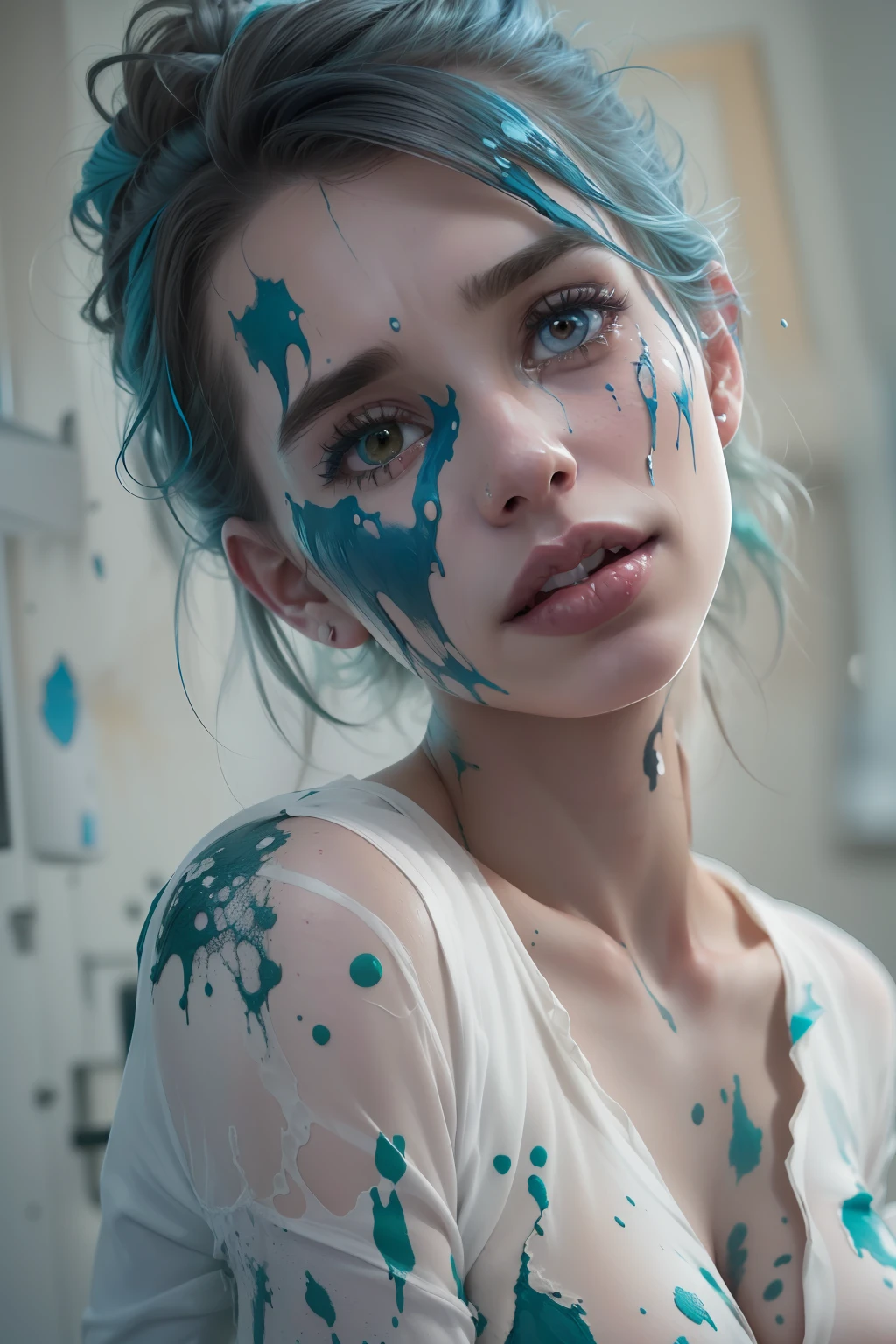 (((Emma Roberts))), ((Emma Roberts streicht ein Zimmer in dunkel-blau)), ((tall slender woman), ((she has round breasts)), ((she wears a white shirt with large holes and tears)), ((through the holes, her nipples can be seen)), ((she is splattered with paint all over)), (kleiner Kopf), ((detailliertes Gesicht)), (fotorealistisch), (Raytracing), (scharfer Fokus), ((natural realistic skin texture))