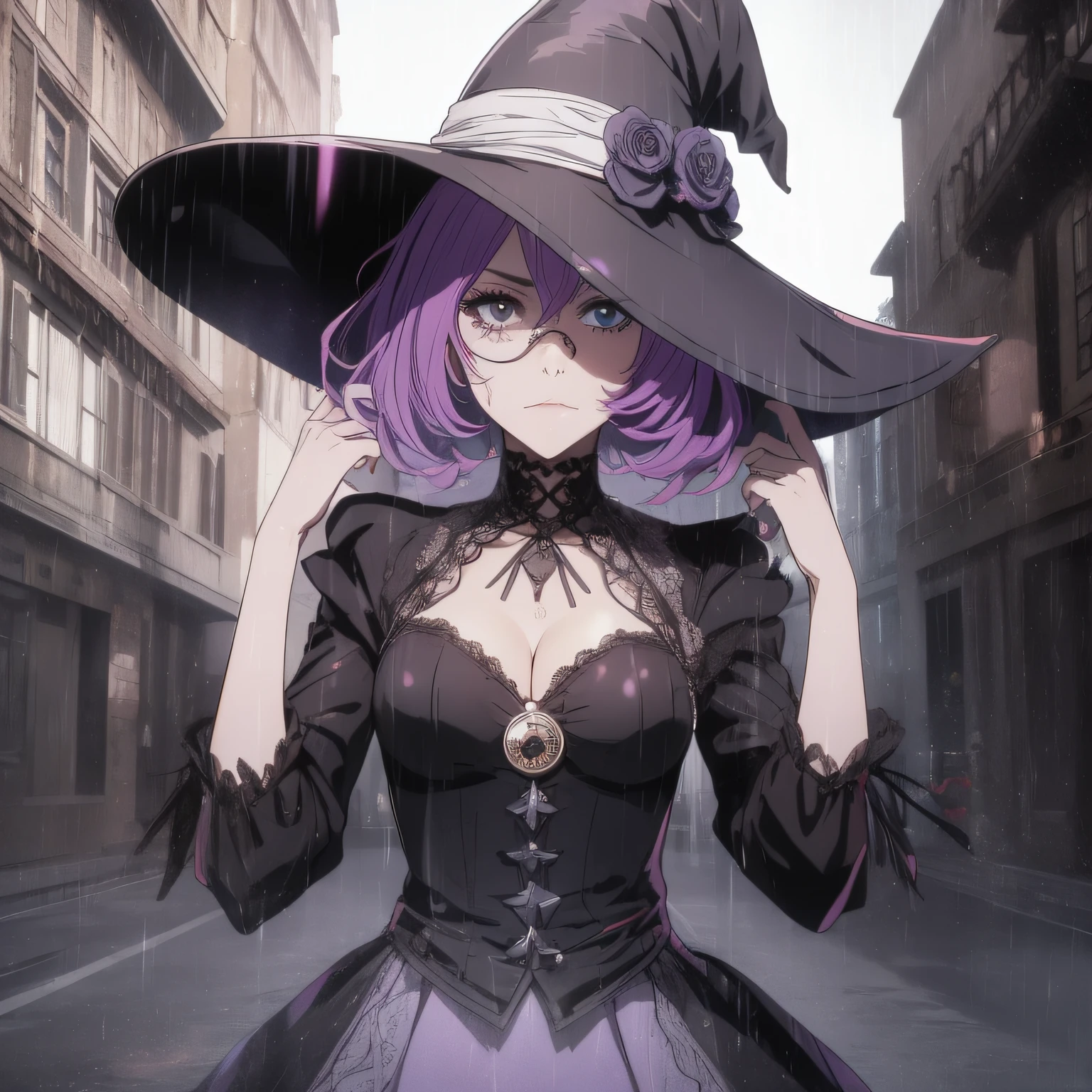 a witch wearing a bizarre mask covering her entire face, a monocle, black gothic dress, guarda chuva roxo, wide-brimmed hat, sombrio, cinematic lighthing, Epic composition, extremamente detalhado.