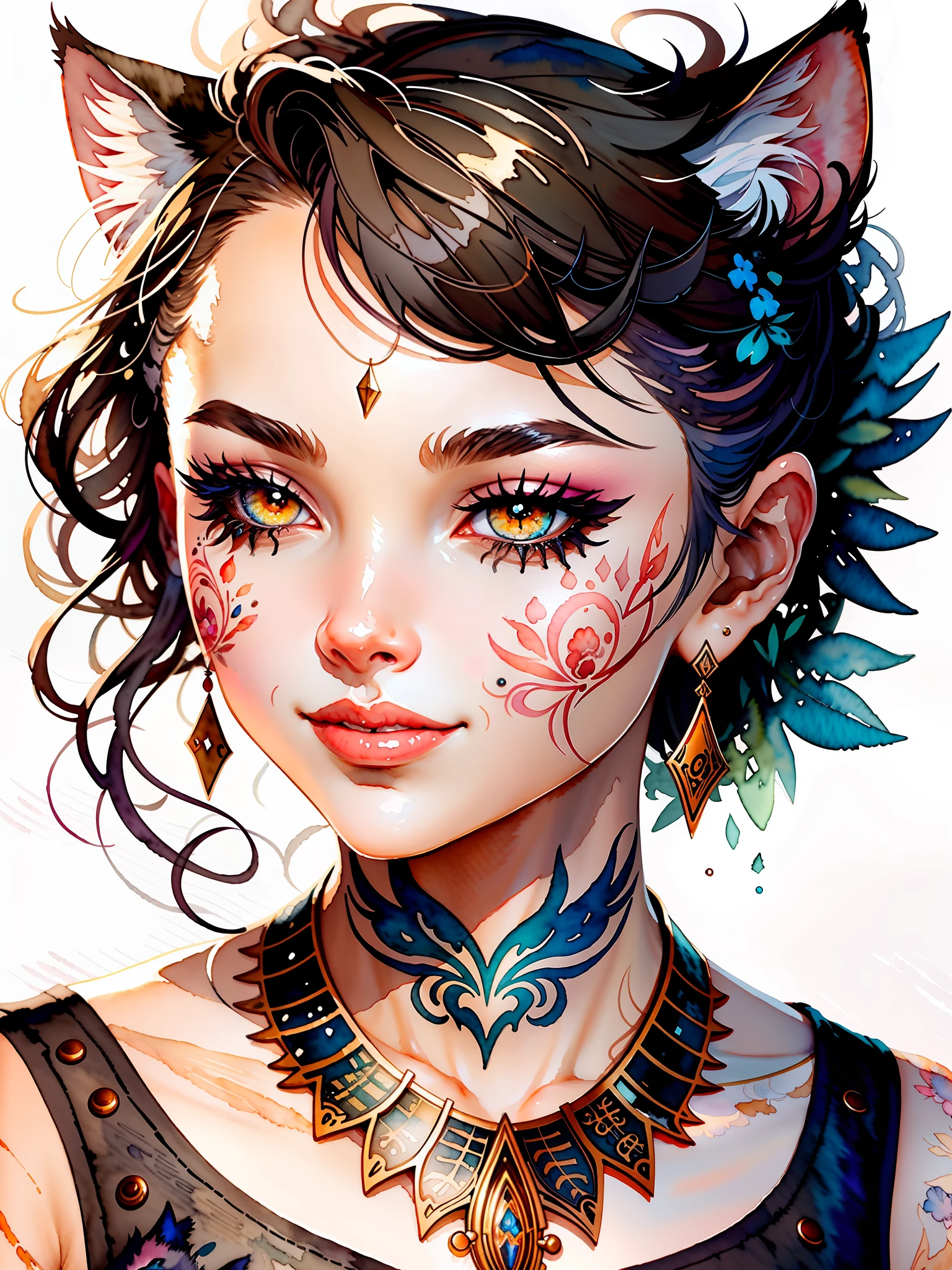 wtrcolor style, digital art of (Cat character), official art, front, smile, masterpiece, beautiful, ((watercolor)), face painting, ink splash, intricate details. Very detailed eyes, [drip:0.5], trend in Artstation, Rachel Walker