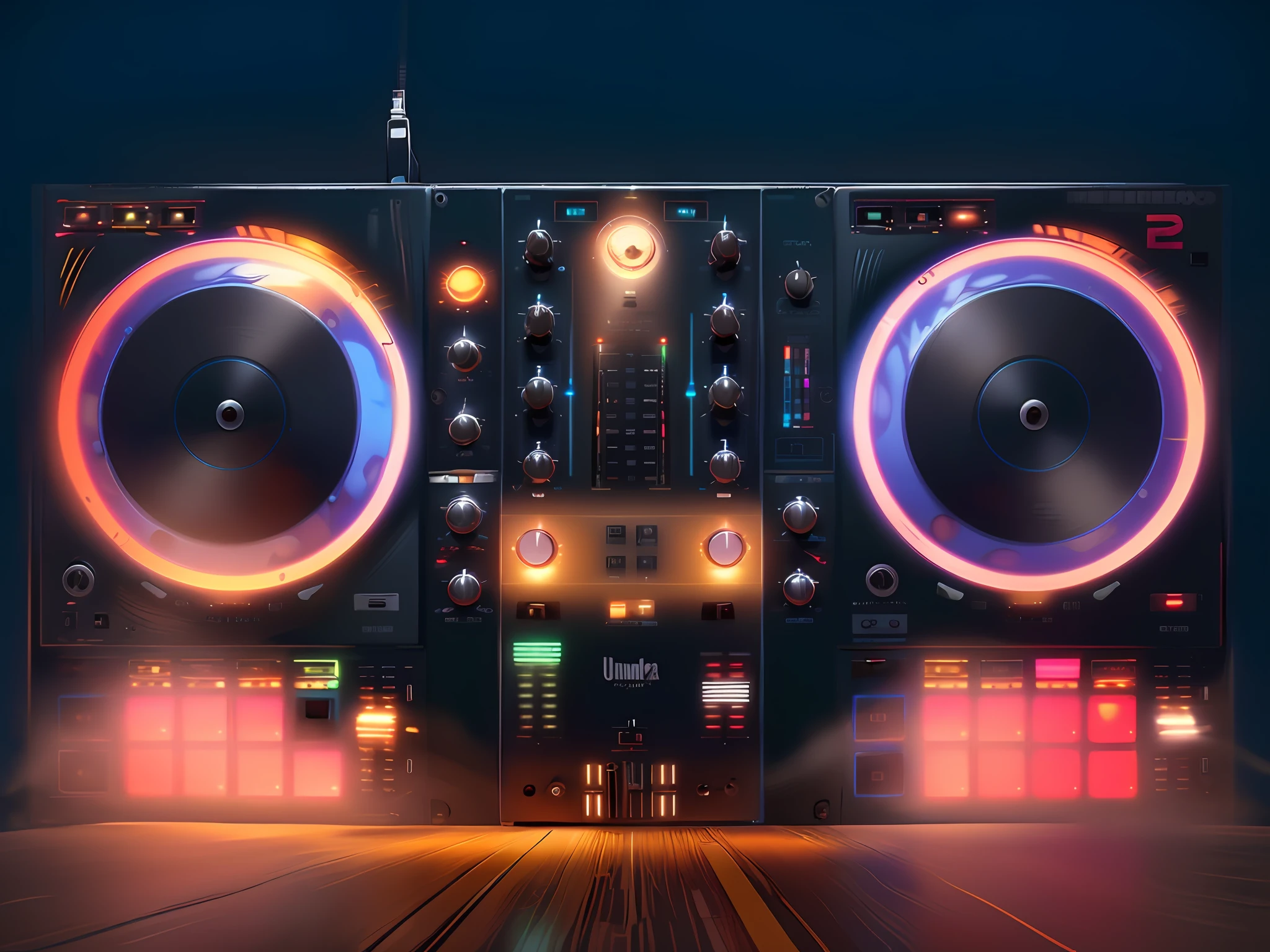 Um close up de um controlador de DJ com um controlador no topo, DJ, Conjunto de DJ, Mixer DJ, DJING com toca-discos DJ, turntables, Festa DJ Rave, tocando techno house music, Turntablism DJ arranhando, DJ em uma festa, turntablist, DJ Sura, 🎨🖌️, engrenagem, mixer rendering, Fones de ouvido DJ Rave, Softly bright control panels