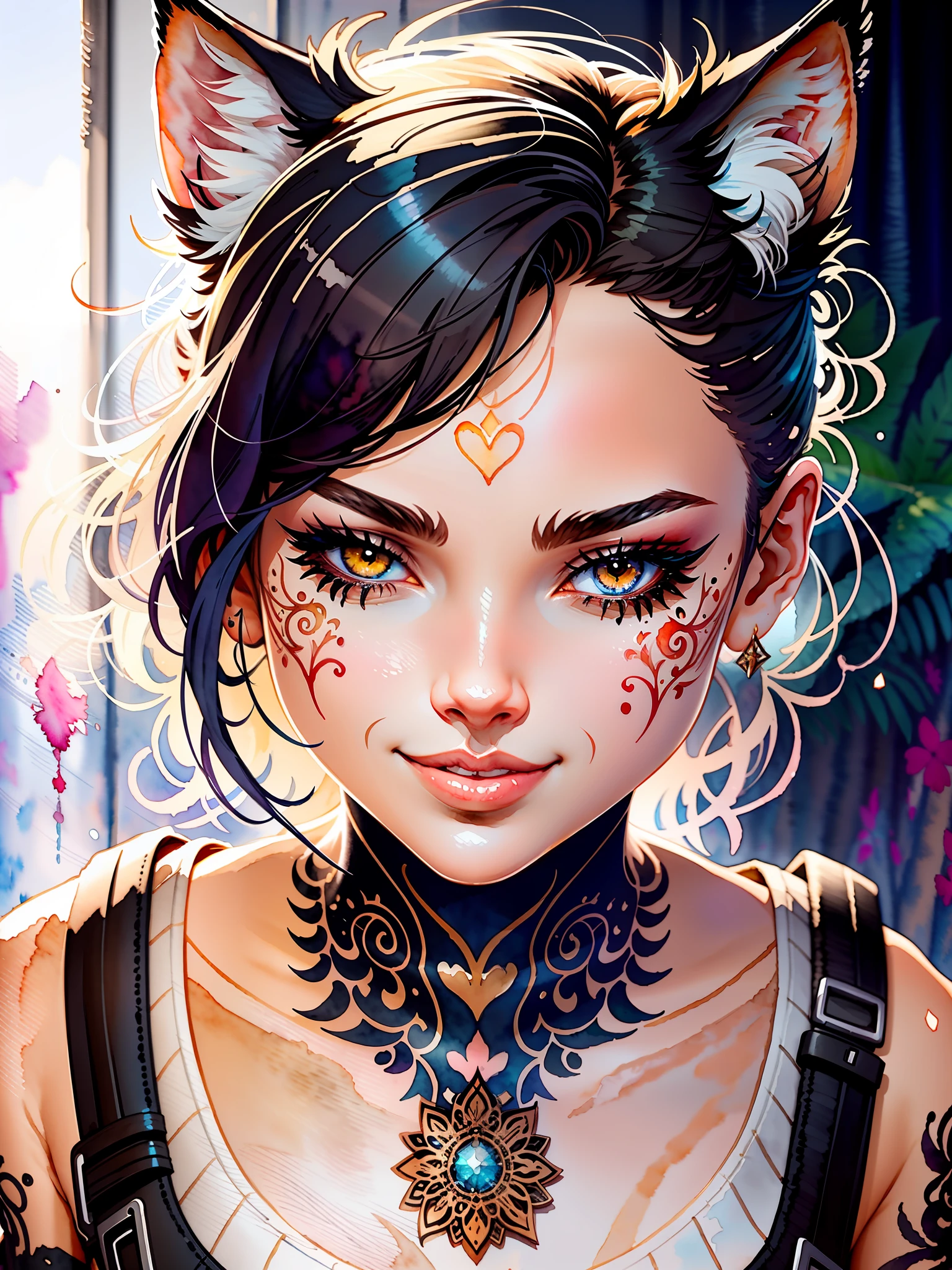 wtrcolor style, digital art of (Cat character), official art, front, smile, masterpiece, beautiful, ((watercolor)), face painting, ink splash, intricate details. Very detailed eyes, [drip:0.5], trend in Artstation, Rachel Walker