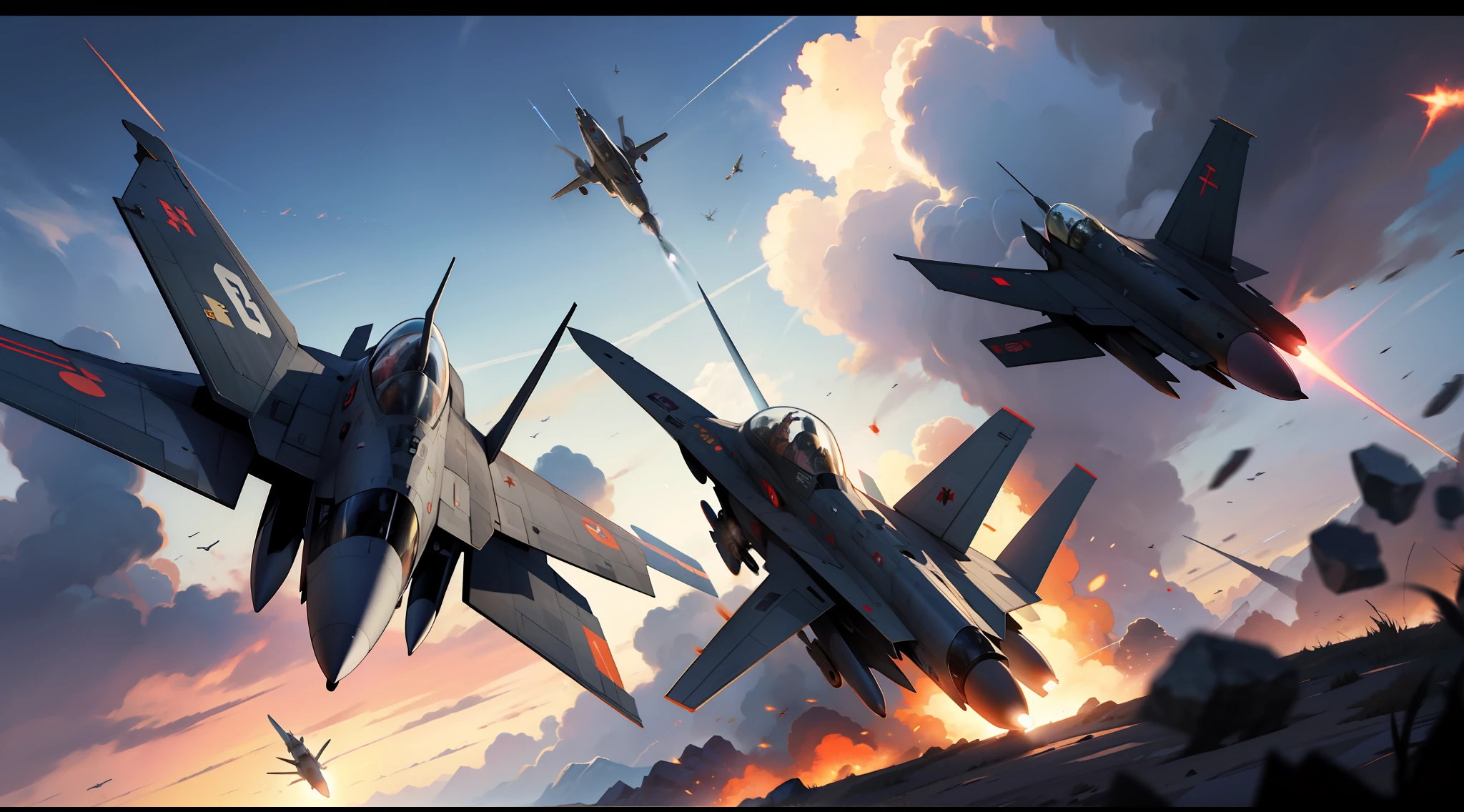 Soldiers flying fighter jets,Engage fierce enemy forces in the air,Artillery fire was flying in the sky,Cinematic lens sense,style of anime