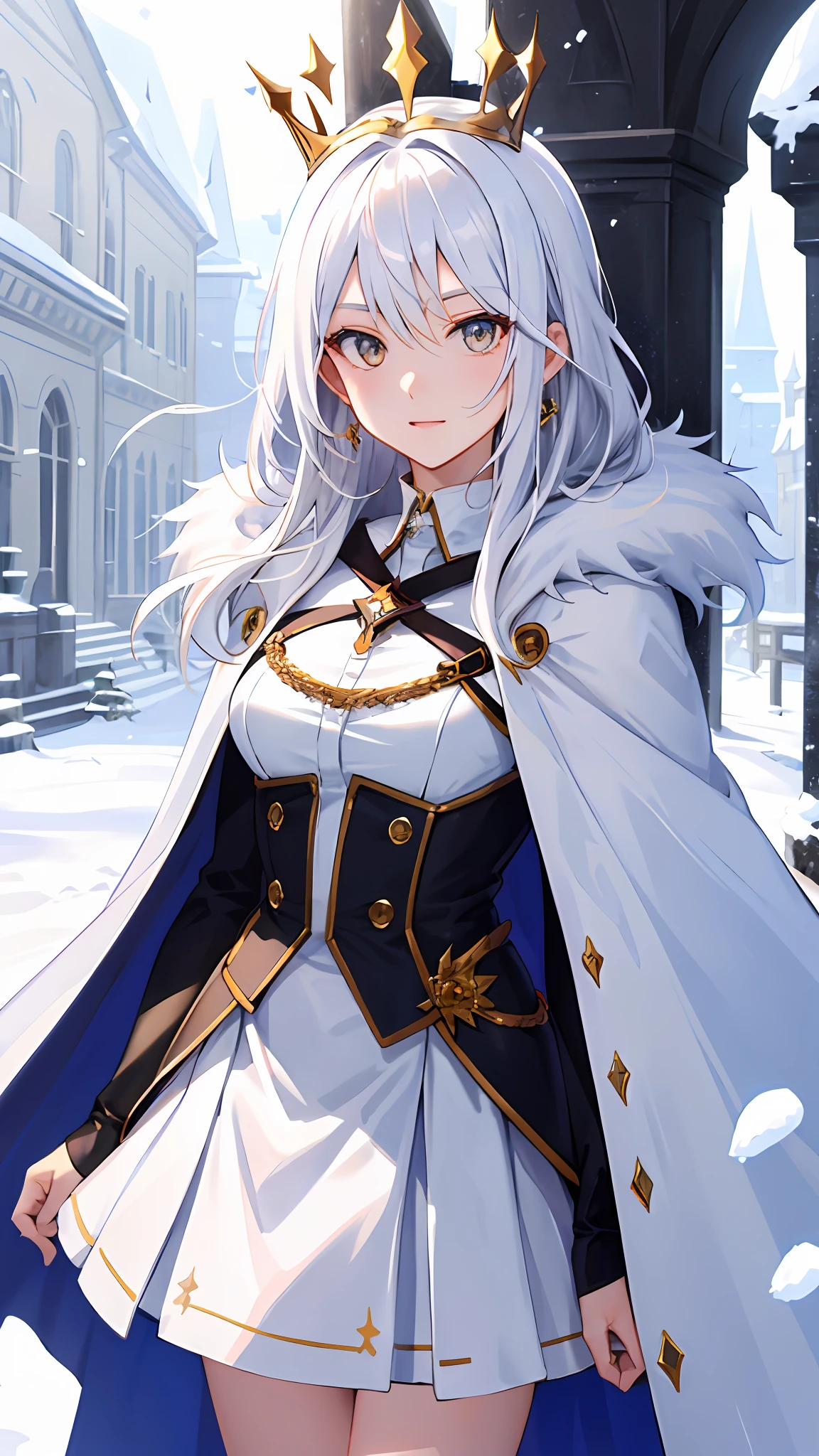 (tmasterpiece,best qualtiy:1.2),(looking at viewert),Nice face,White theme,cowboy lens,rays of sunshine,long white hair,White eyes,White jewelry,nedium breasts,In the snow,Hairstyle Random,White Crown,White fur collar cape