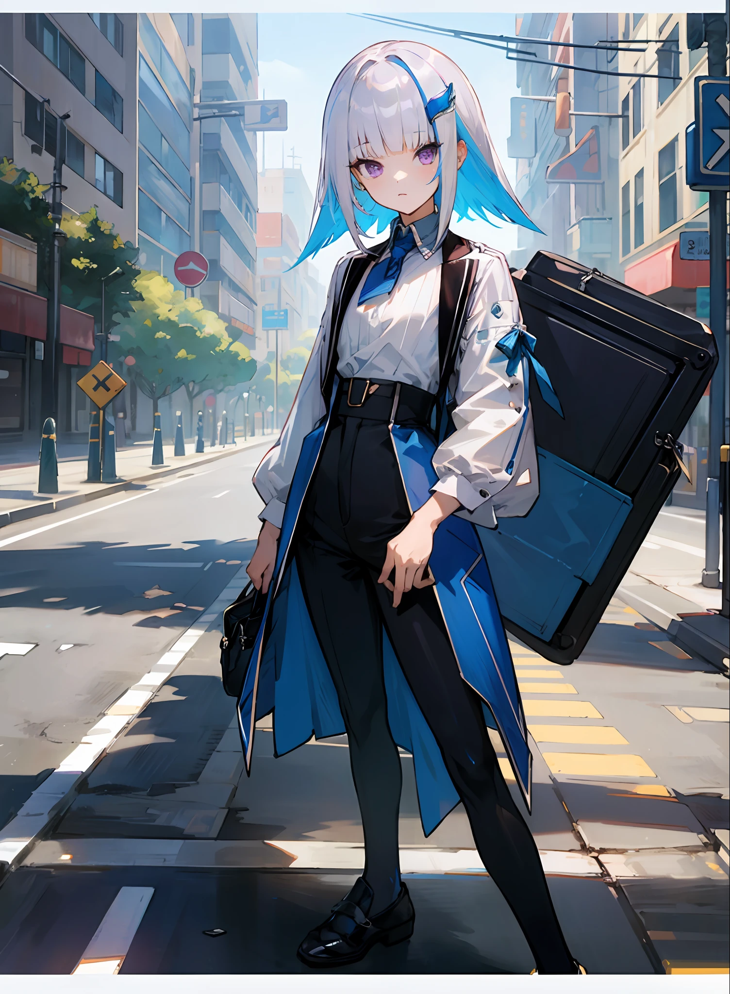best quality, 4K wallpaper, masterpiece, extremely detailed CG unity 8k wallpaper, extremely detailed eyes, ultra-detailed, intricate details, 1girl, solo,purple eyes, Balenciaga outfit, shirt, hair ornament, trousers, black legwear, shoes, looking at viewer, public, road sign, street park, street,