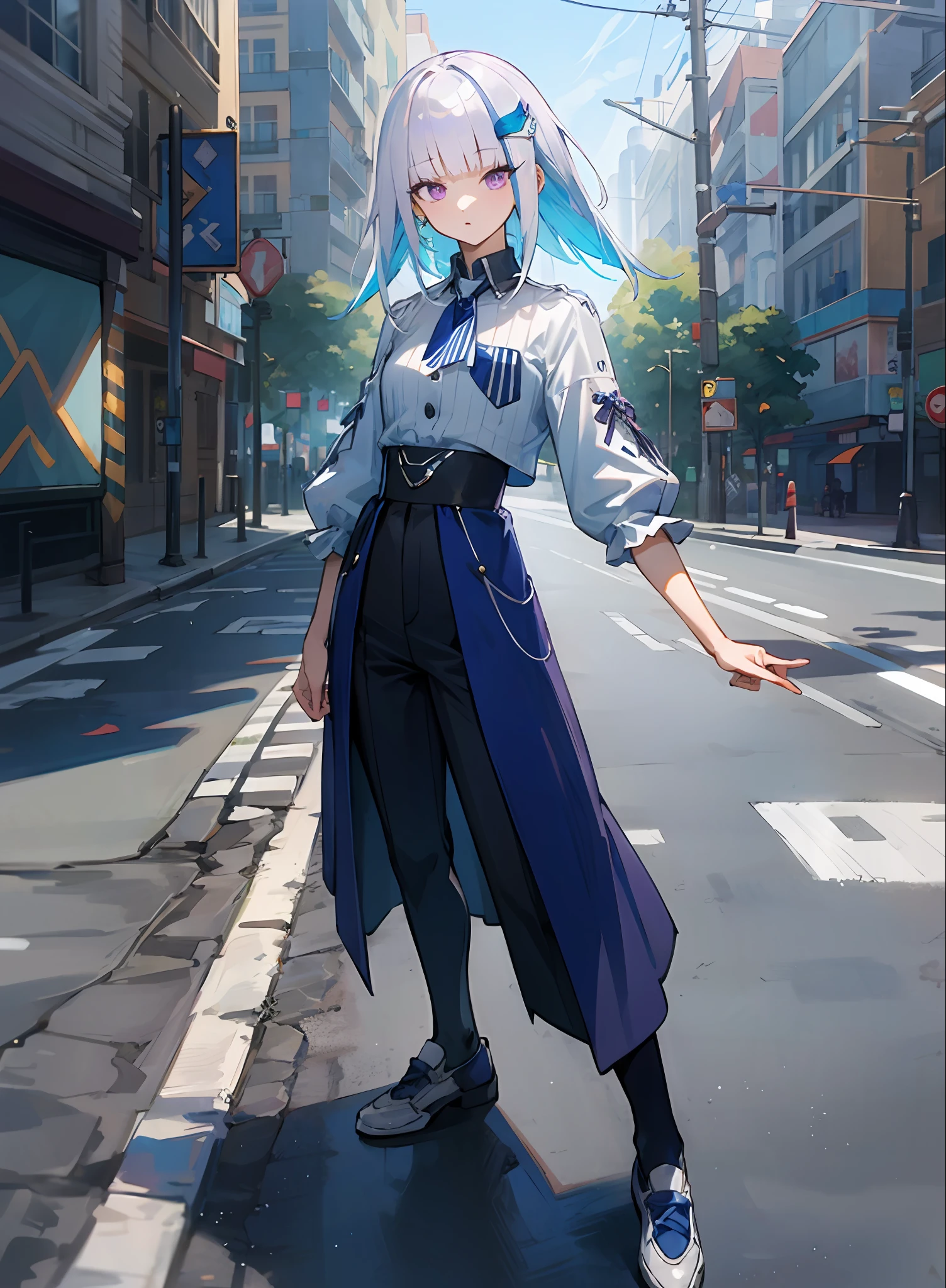 best quality, 4K wallpaper, masterpiece, extremely detailed CG unity 8k wallpaper, extremely detailed eyes, ultra-detailed, intricate details, 1girl, solo,purple eyes, Balenciaga outfit, shirt, hair ornament, trousers, black legwear, shoes, looking at viewer, public, road sign, street park, street,