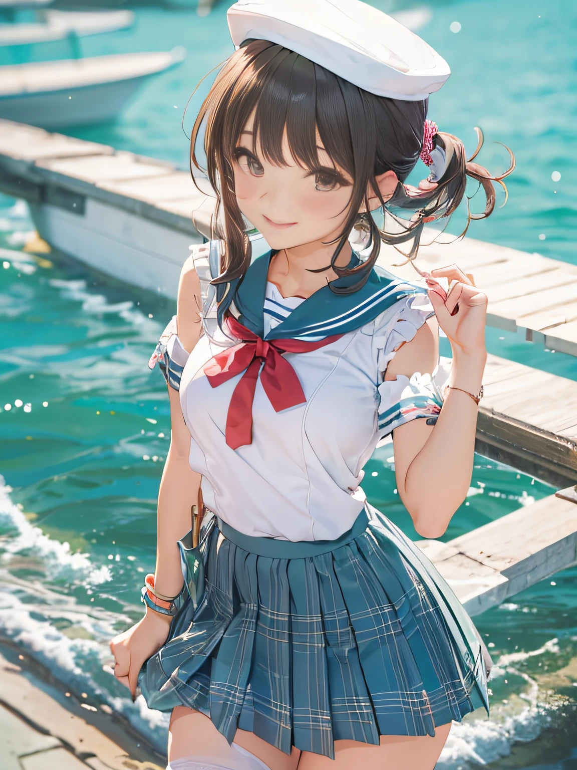 a 20 yo woman、Japan school uniform、(Sailor suit in cute shades)、(White sailor color)、Smiling with a sexual expression、Cute hairstyle、Colossal tits、Shoulder close-up view from the side、(Close-up view of collar from the side)、high-level image quality、beautiful Girl、sea side、a sailor suit、((white sailor collar))、Sleeveless、Plaid pleated skirt、Stockings、(huge-breasted)、Fluttering the chest、emphasizing breasts、Sleeveless、Smiling、pantie shot、Panchira、Cute patterned panties、Pants with cute patterns、Show the armpits