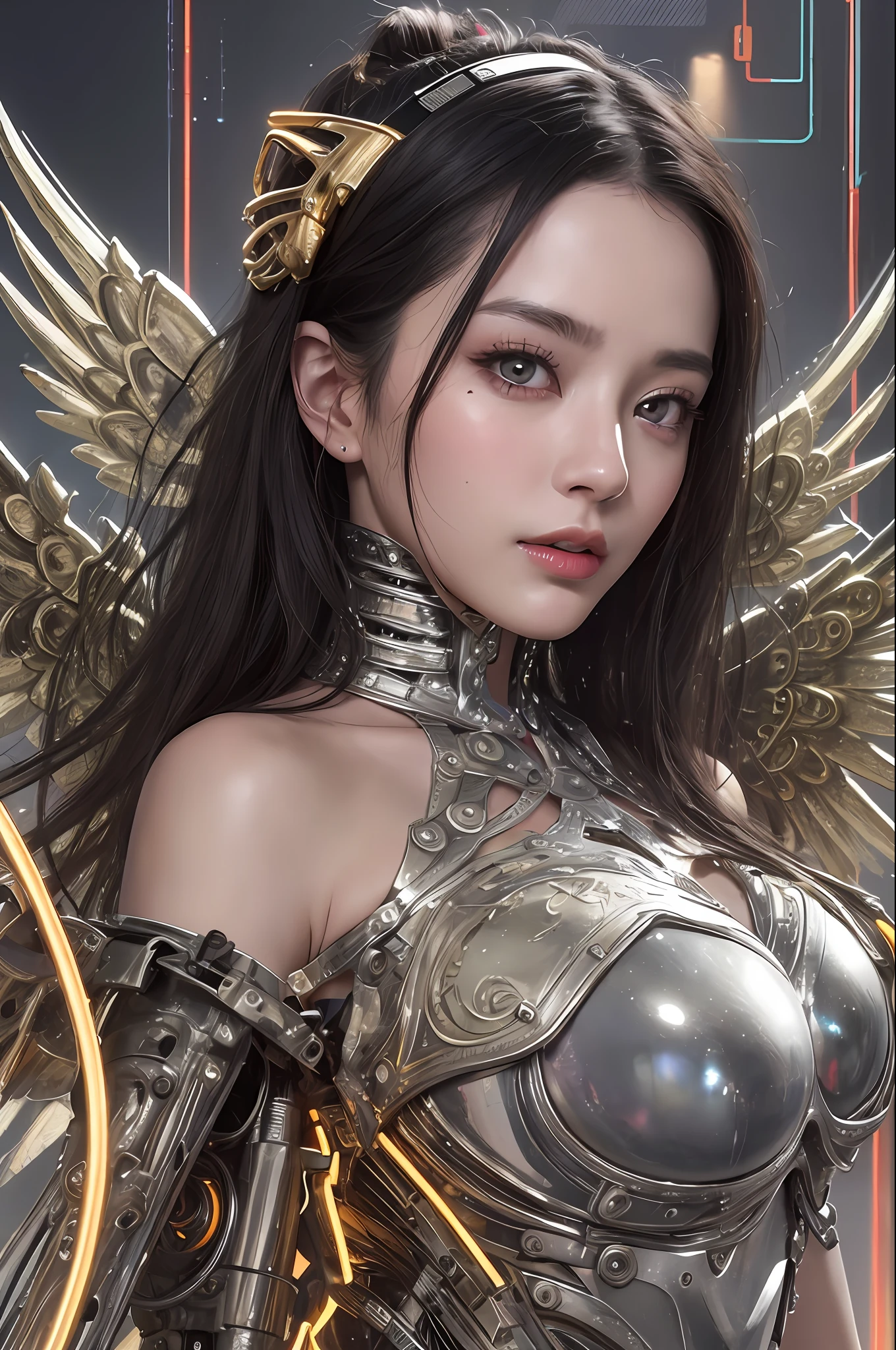 top-quality、​masterpiece、超A high resolution、(Photorealsitic:1.4)、Raw photo、女の子1人、Black hair、glowy skin、1 Mechanical Angel、large metal wings、Shining Angel Circle、((super realistic details))、portlate、globalillumination、Shadow、octan render、8K、ultrasharp、Colossal tits、Raw skin is exposed in cleavage、metals、Details of complex ornaments、About Cyberpunk、Glowing LEDs、IC chips、Base、Data Links、Hydraulic cylinder、highly intricate detail、Realistic light、a purple eye、radiant eyes、Facing the camera、neon details、Mechanical limbs、blood vessels connected to tubes、Mechanical vertebrae attached to the back、mechanical cervical attaching to neck、cowboy  shot、Wires and cables connecting to the head、Luminous tube、Small LED lamp、Sumerian details、