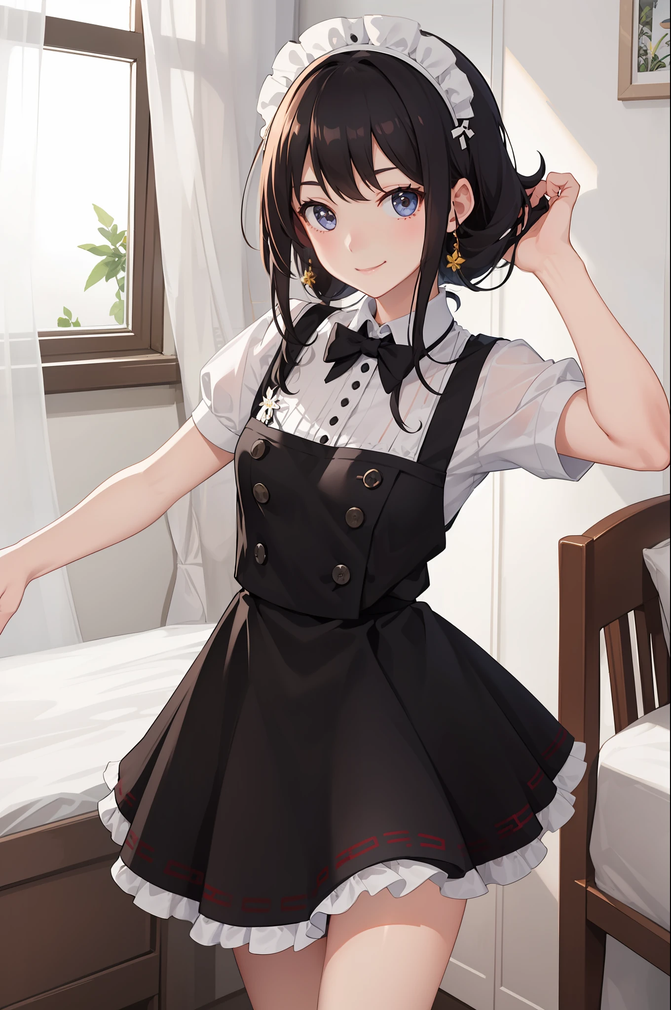 1girl in、A smile、A delightful、skirt by the、(small tits)Chilarism、doress、pinafore,,,,,,、Maids,,,,,,,,、hair adornments、movement、