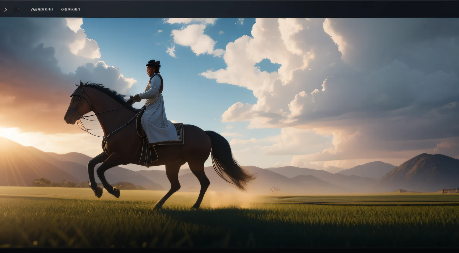 The sky darkens quickly, anunciando a chegada de uma tempestade. The wind blows hard, and a serene-looking young peasant, with determined eyes and wearing a traditional Chinese costume, He watches with concern the charged clouds. Behind him, um majestoso cavalo de pelagem negra parece inquieto, their hooves lifting dust from the ground. Rice plantations, antes exuberantes, they sway in the gusty winds. Cinematic lighting, Unreal Engine 5,  Cinematic, Color Grading, Editorial Photography, Photoshoot, Shot on 70mm lense, Depth of Field, DOF, Tilt Blur, Shutter Speed 1/1000. F/22, White Balance, 32k, Super-Resolution, Megapixel, ProPhoto RGB. VR, tall, epic, artgerm, alex ross, Halfrear Lighting, Backlight, Natural Lighting, Incandescent, Optical, Fiber, Moody, Lighting, Cinematic, Lightning, Studio Lightning, Soft Lightning, Volumetric, Contre-Jour, dark Lighting, Accent Lighting, Global Illumination, Screen Space Global Illumination, Ray Tracing, Global Illumination, Red Rim light, cool color grading 45%. Optics, Scattering, Glowing, Shadows, Rough, Shimmering, Ray Tracing Reflections, Lumen Reflections, Screen Space Reflections, Diffraction Grading, Chromatic, Aberration, GB Displacement, Scan Lines, Ray Traced, Ray Tracing Ambient Occlusion, Anti-Aliasing, FKAA, TXAA, RTX, SSAO, Shaders, OpenGL-Shaders, GLSL-Shaders, Post Processing, Post-Production, Cel Shading, Tone Mapping, CGI VFX, SFX, insanely detailed and intricate, hypermaximalist, elegant, hyper realistic, supee detailed, dynamic pose, centered, photography