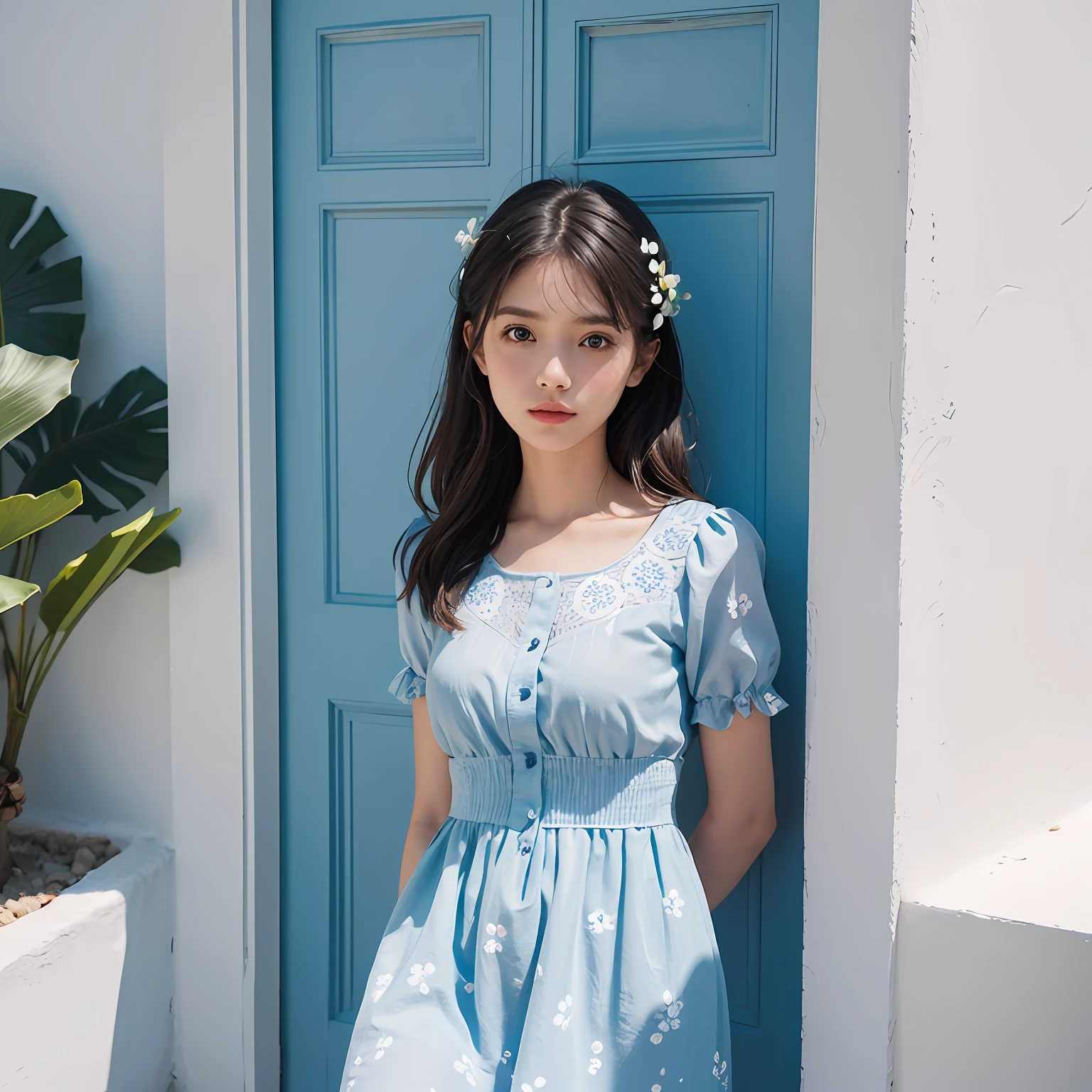 cute girl in cute summer dress with flower pattern, greece house with white walls and blue pattern on background, intricate, detailed, cinematic, cinematic lighting, wide shot, film grain, trending on 500px.com and flickr, 4k