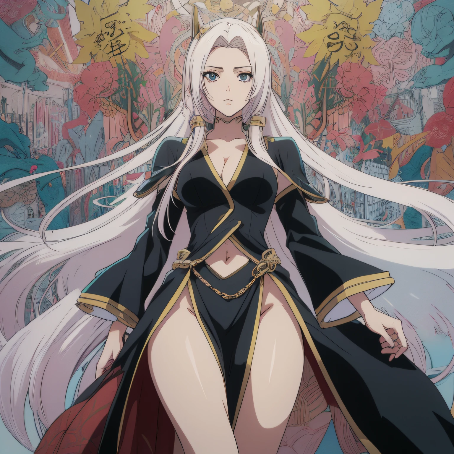 uma mulher em um vestido preto com uma espada, bleach manga style, personagem estilo anime, personagem de anime, personagem de anime; arte de corpo inteiro, inspired by Kanō Hōgai, inspirado em Kusumi Morikage, personagem de anime feminino, Ichigo Kurosaki, anime full body illustration, arte oficial do personagem, inspired by Sakai Hōitsu